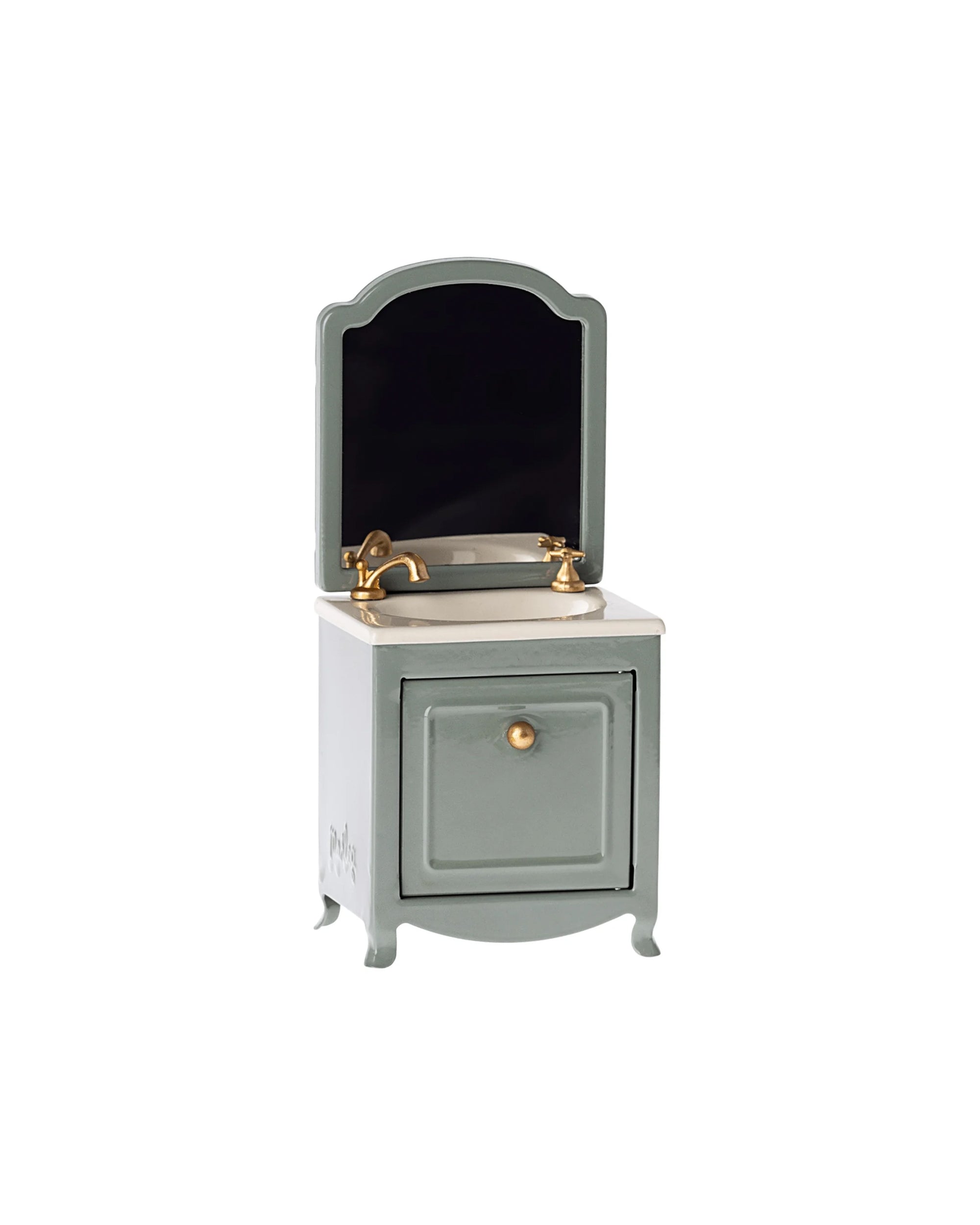 The Maileg Sink Dresser by Maileg features a vintage-style vanity with mirror, gold faucet, and white sink on a green cabinet with a gold knob—ideal for any Mouse hole Farmhouse. Set against a plain white background.