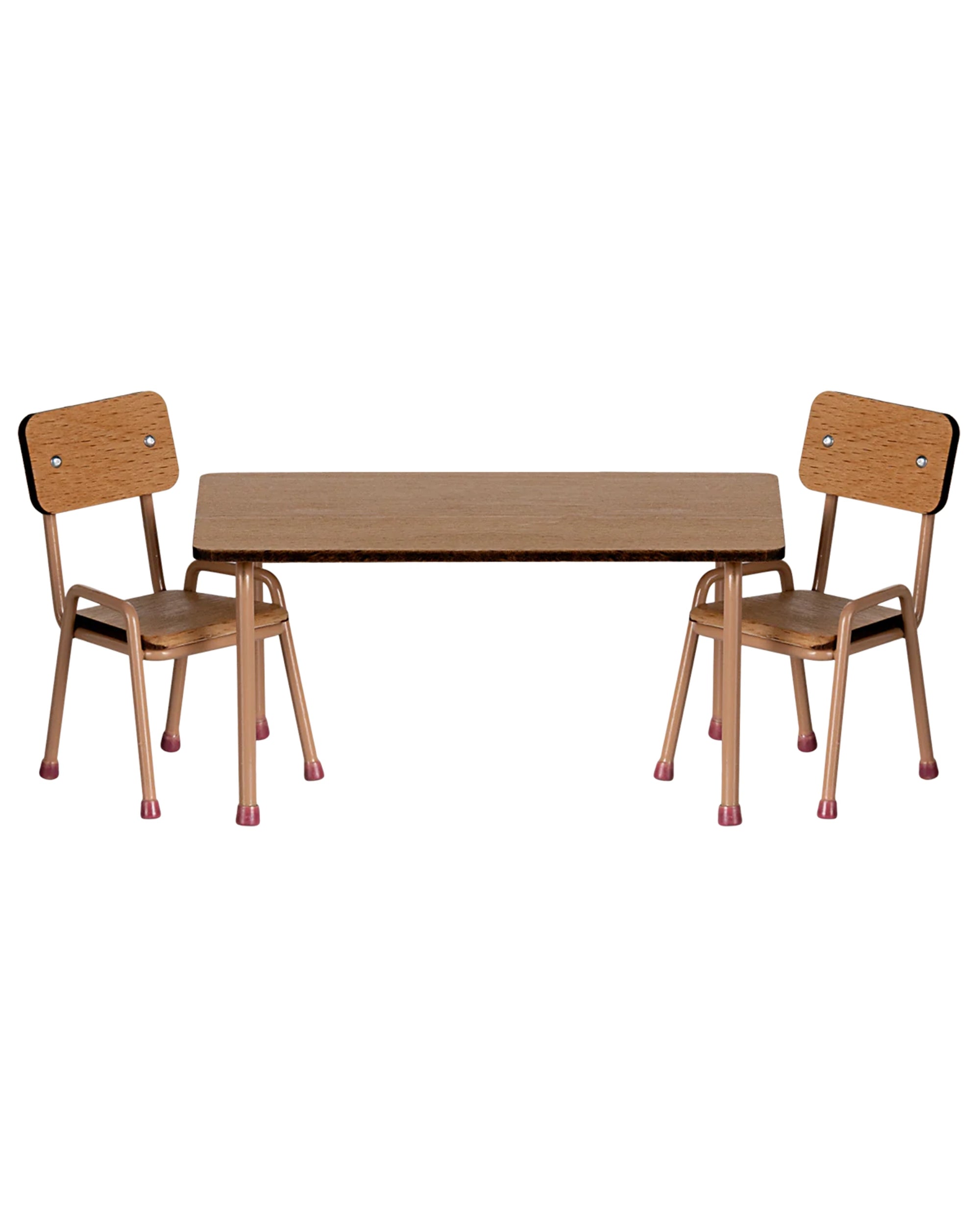 The Maileg Table and Chairs set features two small beech wood chairs with metal legs and a matching rectangular table—perfect for adding minimalist charm to any Mouse hole Farmhouse décor.