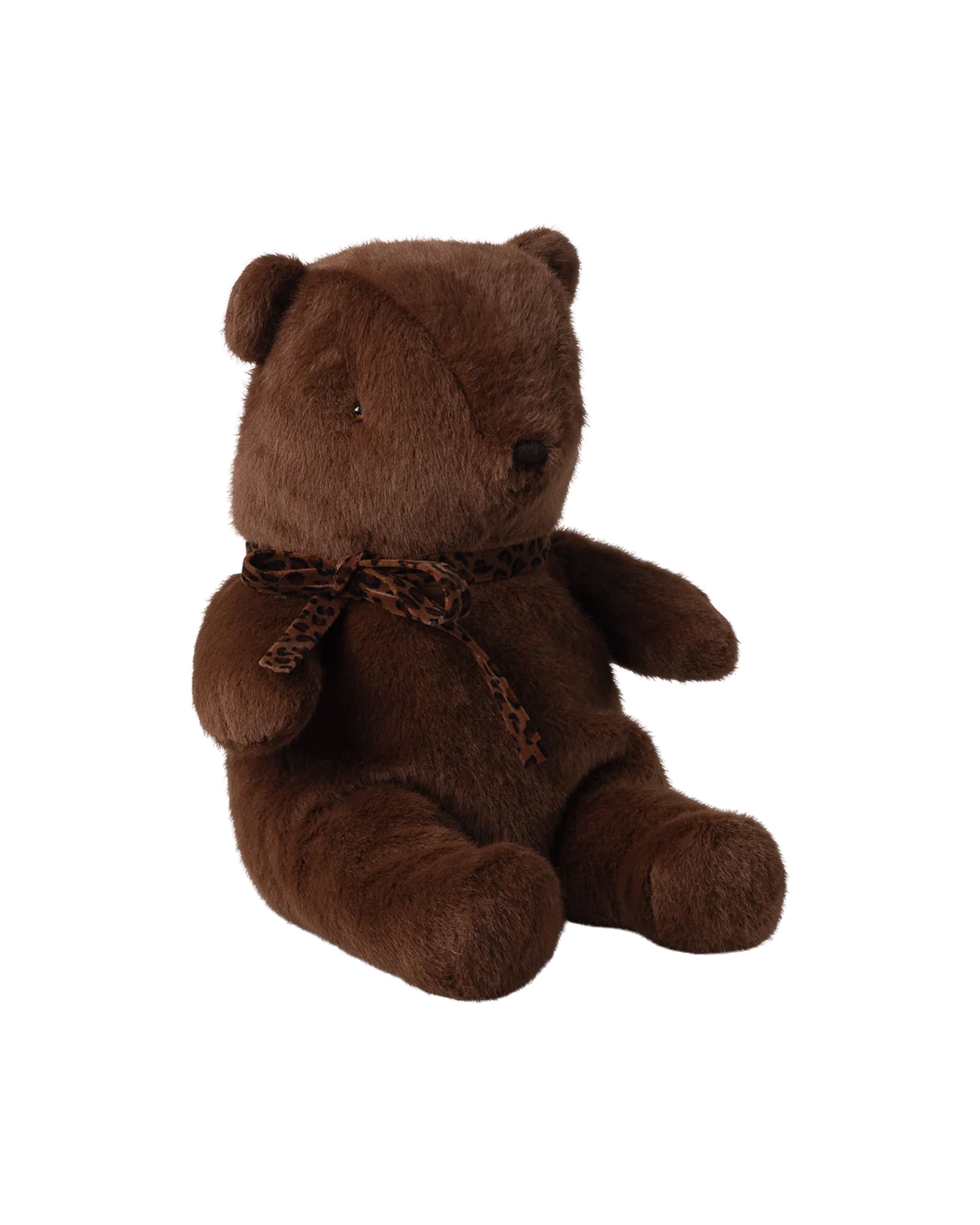 Medium Maileg teddy bear with cheetah print bow, soft brown plush, sitting on white background.