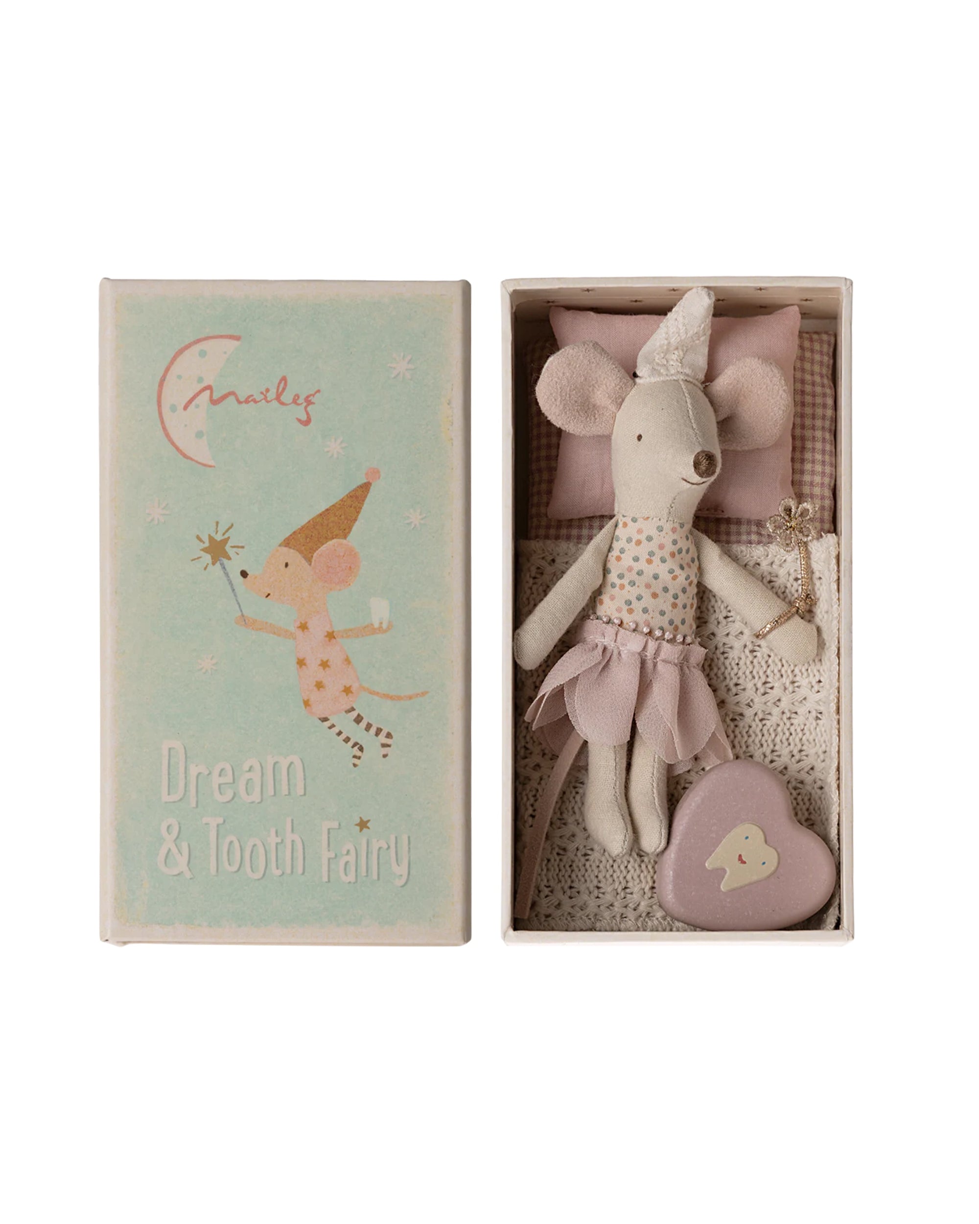 The Maileg Tooth Fairy Mouse gift box by Maileg features a cute mouse dressed as a fairy with a pink tutu, wand, and hat, lying in a matchbox next to a heart-shaped tooth box. The lid shows "Maileg Dream & Tooth Fairy" with the mouse illustration.