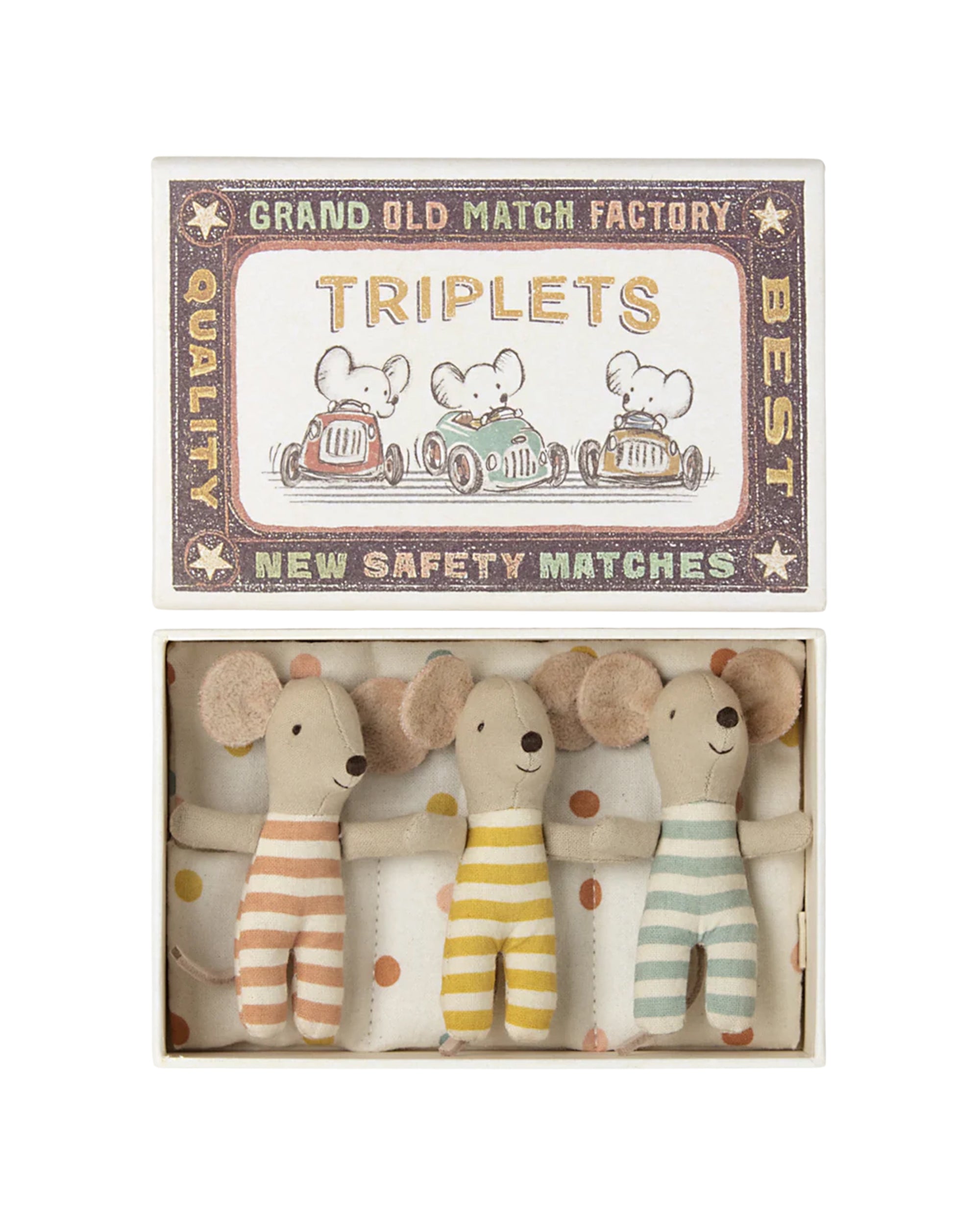 The Maileg Triplet Mice by Maileg features three baby mice in striped orange, yellow, and green outfits cuddled together side by side in a cozy bed inside their box.