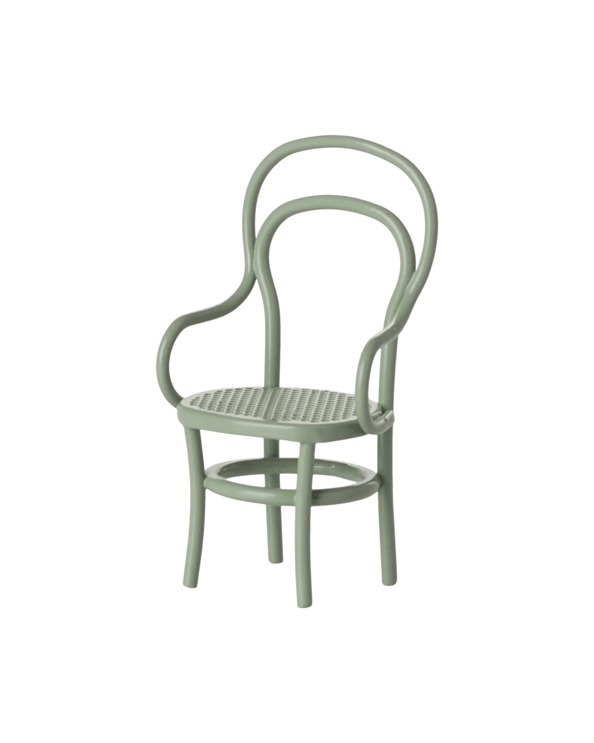 The Maileg Vintage Chair by Maileg is a small, light green wooden chair with a curved backrest, rounded armrests, and a woven seat—perfect for mice furniture or dollhouse accessories and shown on a white background.