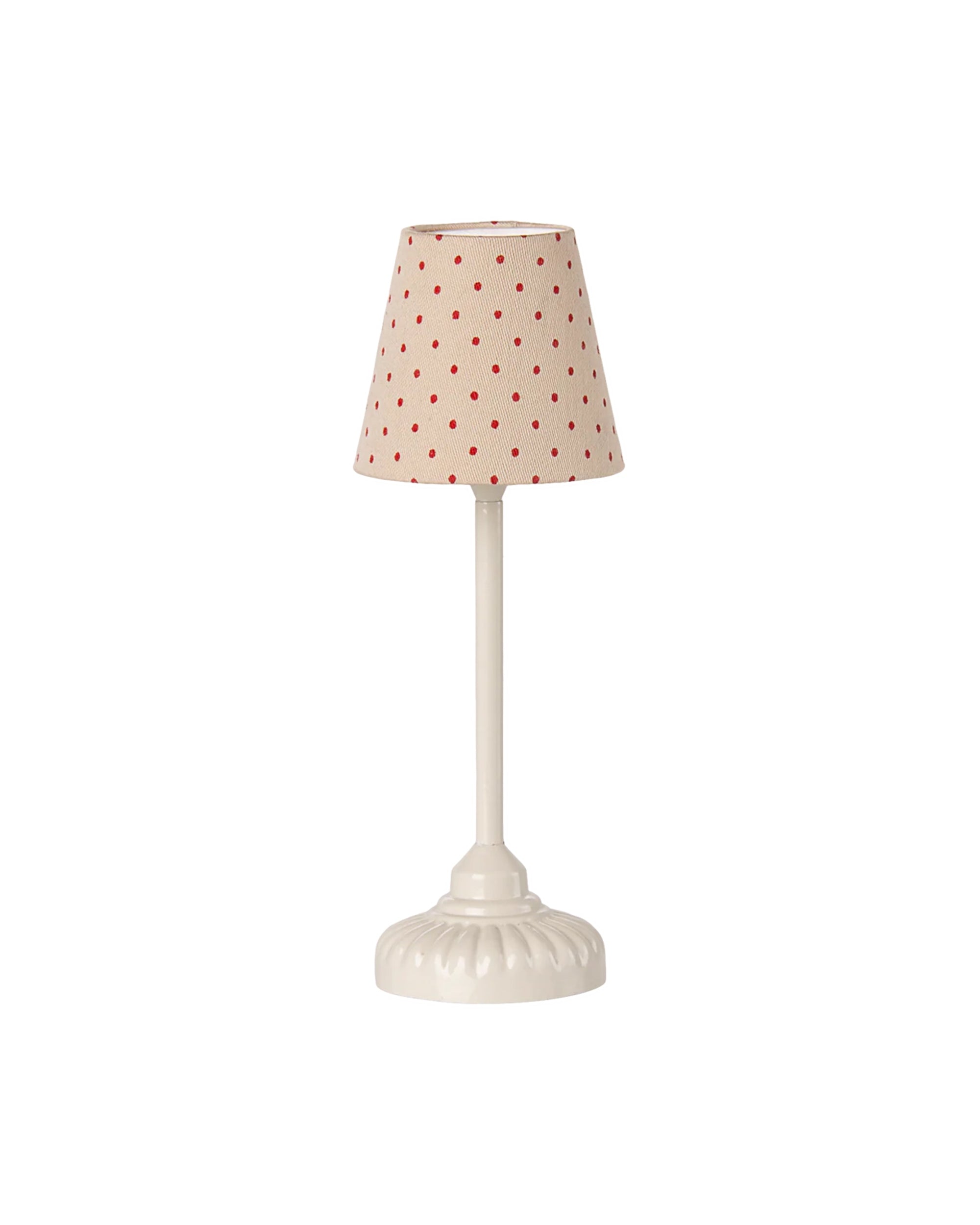 The Maileg Vintage Floor Lamp by Maileg features a small white base and a fabric lampshade with red polka dots, shown against a plain white background.