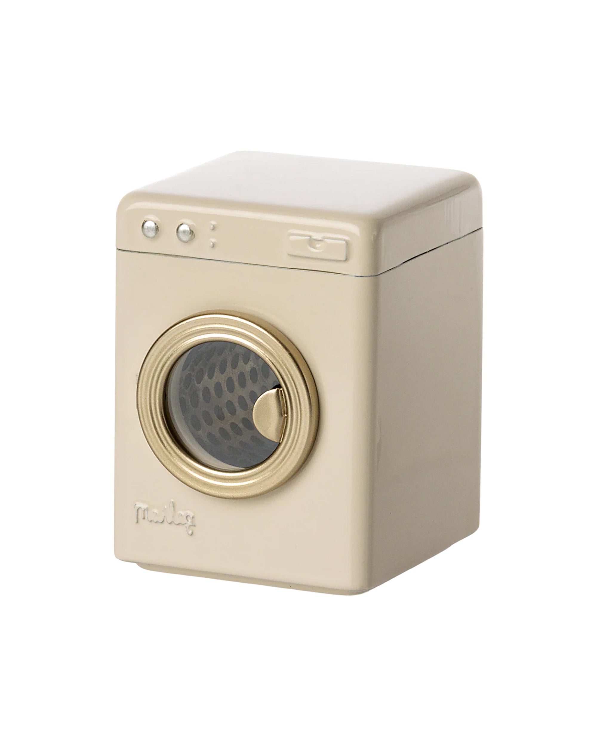 The Maileg Washing Machine by Maileg is a small beige toy with a gold-edged round door, three buttons, and a top-front compartment—ideal for pretend laundry with the mouse family. Its simple and minimalistic design suits imaginative play.