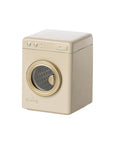 The Maileg Washing Machine by Maileg is a small beige toy with a gold-edged round door, three buttons, and a top-front compartment—ideal for pretend laundry with the mouse family. Its simple and minimalistic design suits imaginative play.