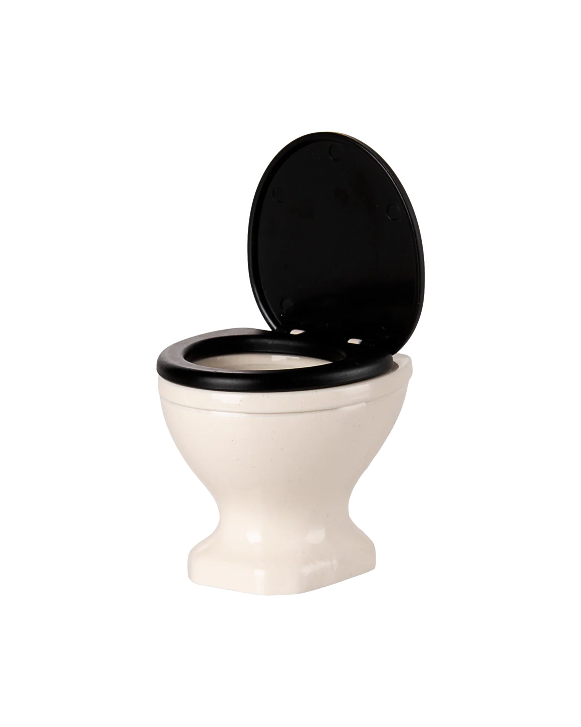 A small white Maileg Water Closet with a black seat and lid, shown open on a plain white background—ideal for compact Maileg bathrooms or as a whimsical mouse toilet display.