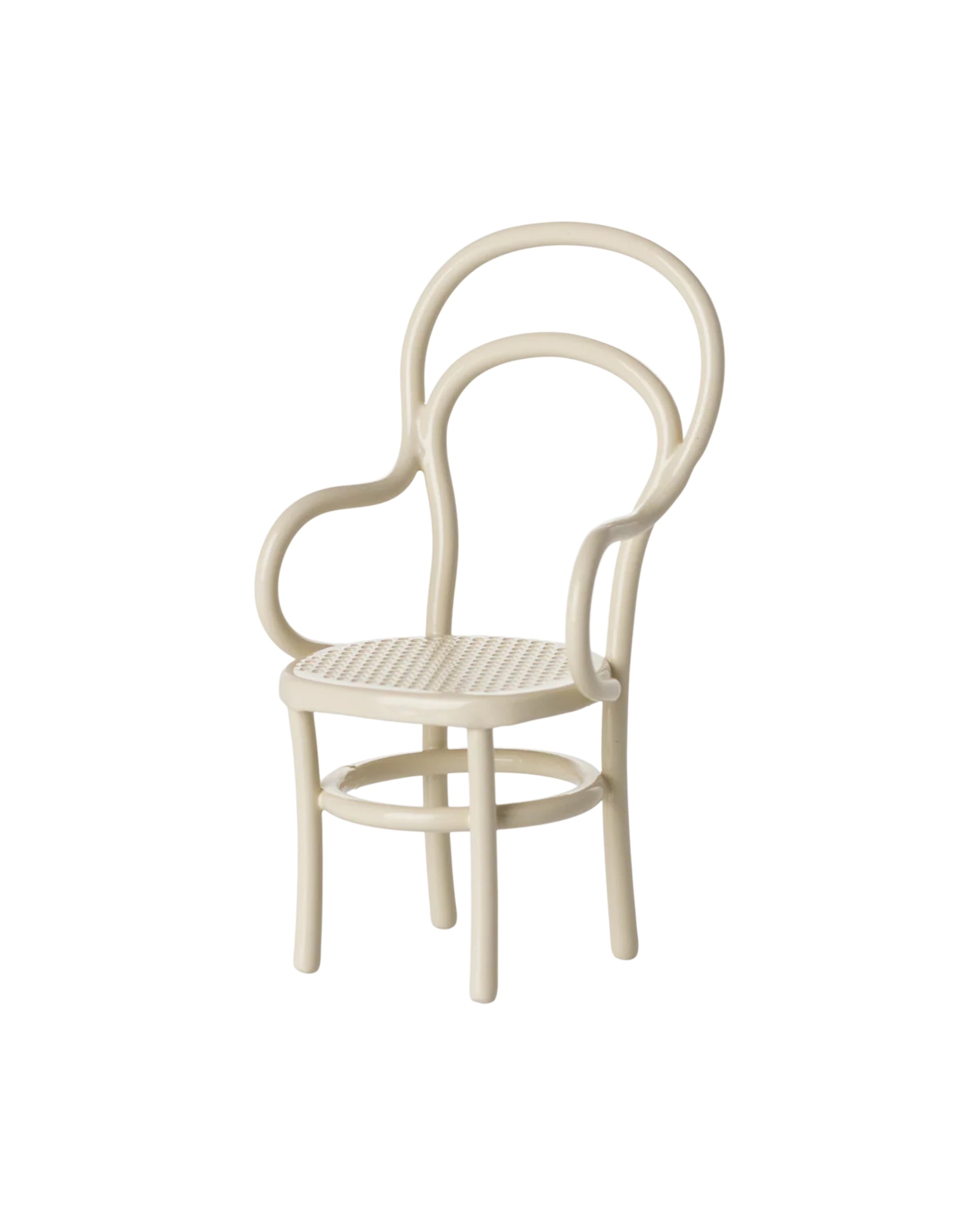 The Maileg Vintage Chair is a small cream-colored chair with a woven seat, rounded bentwood backrest, and curved armrests—ideal as mice furniture or dollhouse accessories—shown against a plain white background.