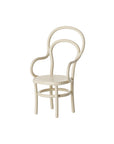 The Maileg Vintage Chair is a small cream-colored chair with a woven seat, rounded bentwood backrest, and curved armrests—ideal as mice furniture or dollhouse accessories—shown against a plain white background.