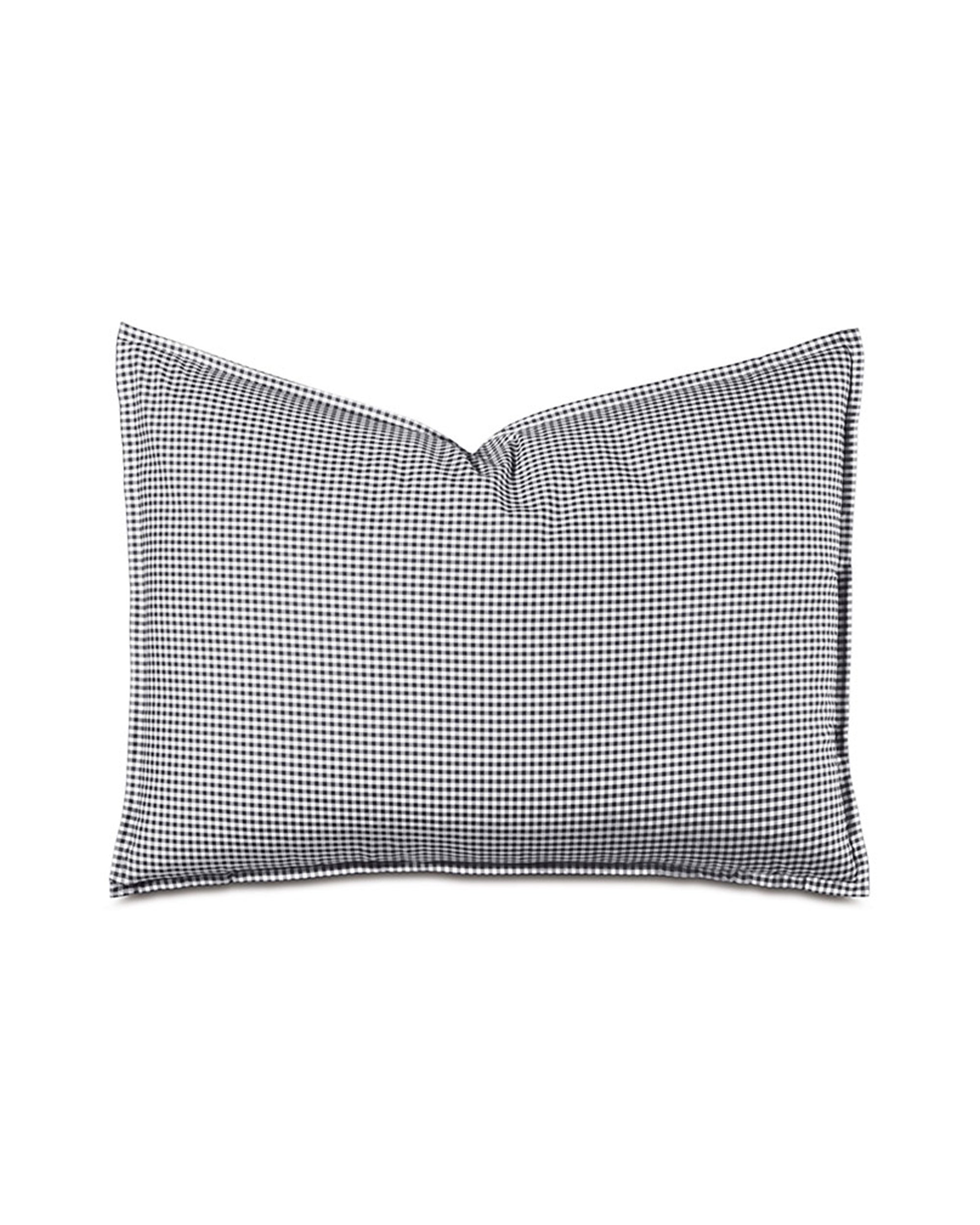 The Malaya Gingham Sham by Eastern Accents is a rectangular cotton standard pillow cover in a black gingham checkered pattern, displayed on a white background. It’s machine washable for easy care.