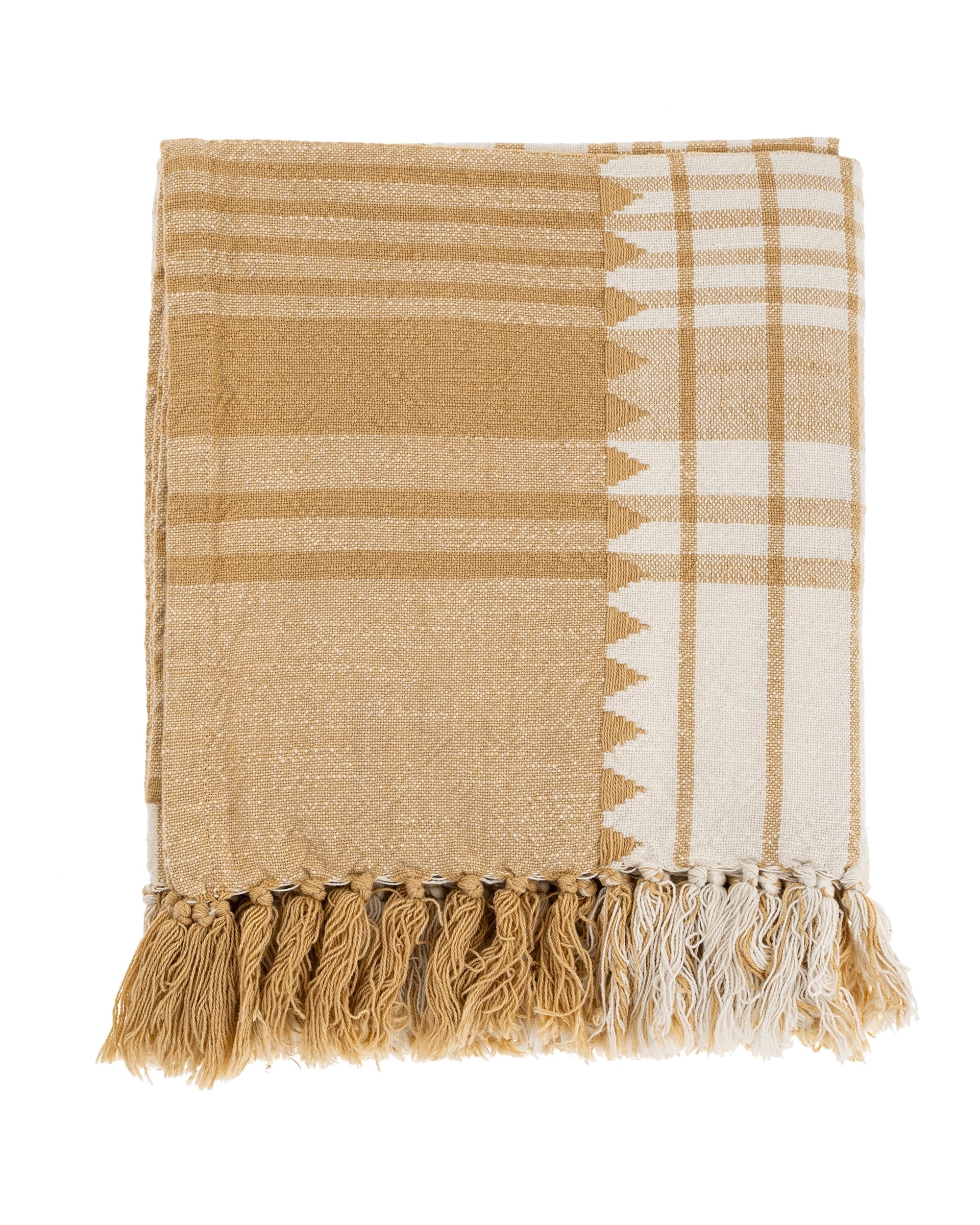 The Indaba Malaya Woven Throw in beige and white is a handwoven cotton blanket featuring plaid and geometric patterns, stripe accents, and fringe tassels along the edge.