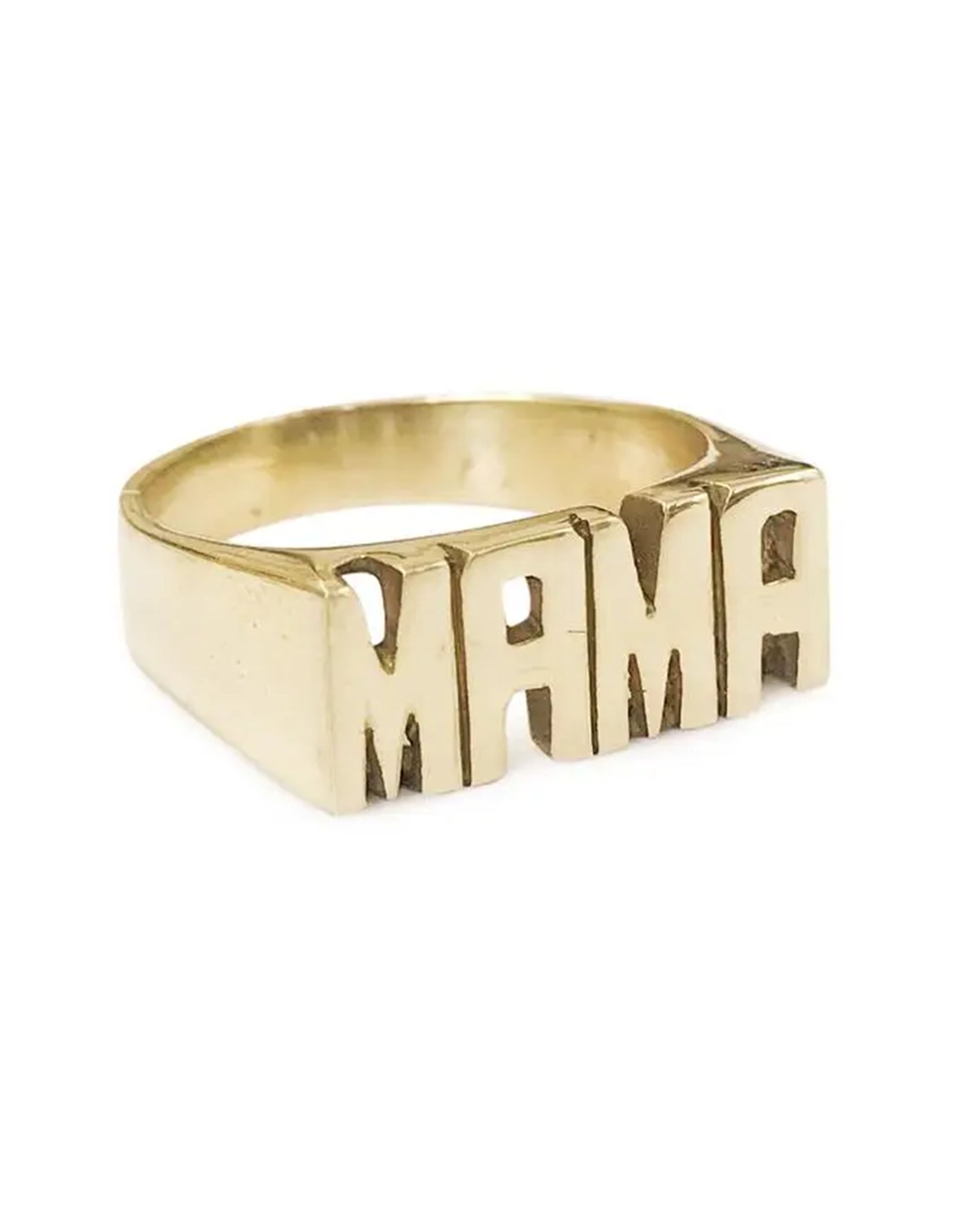 The Mama Ring by Faire features a bold, raised "MAMA" design in gold lettering. Its polished finish creates a striking look against the plain white background.