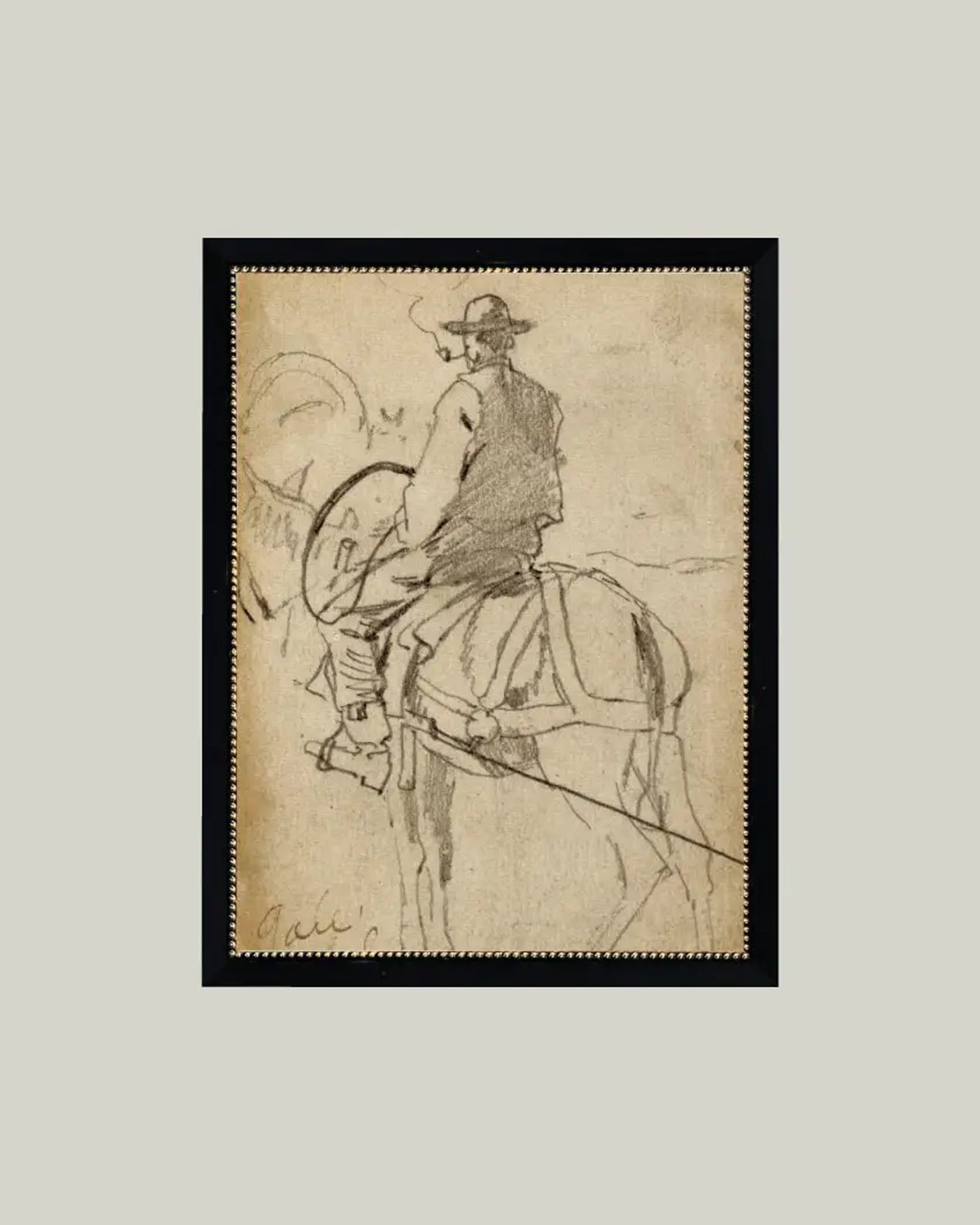 The Man Riding a Horse Framed Art by Petal Lane Home features a minimal pencil outline of a hat-wearing rider facing away, perfect as simple and elegant canvas wall art.