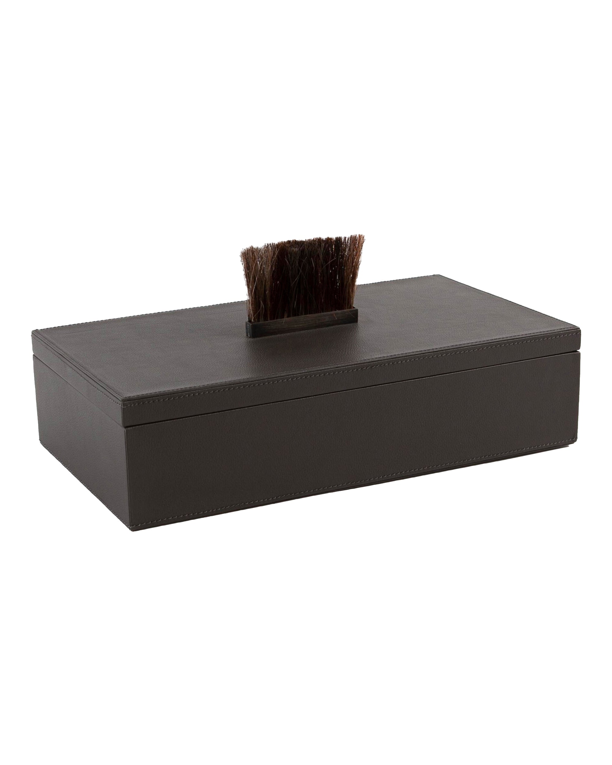 The WDSEH9041-GV Harrington Box by Global Views features a rectangular graphite top grain leather design with smooth, stitched finish and a small brown brush attached to the center of the lid.