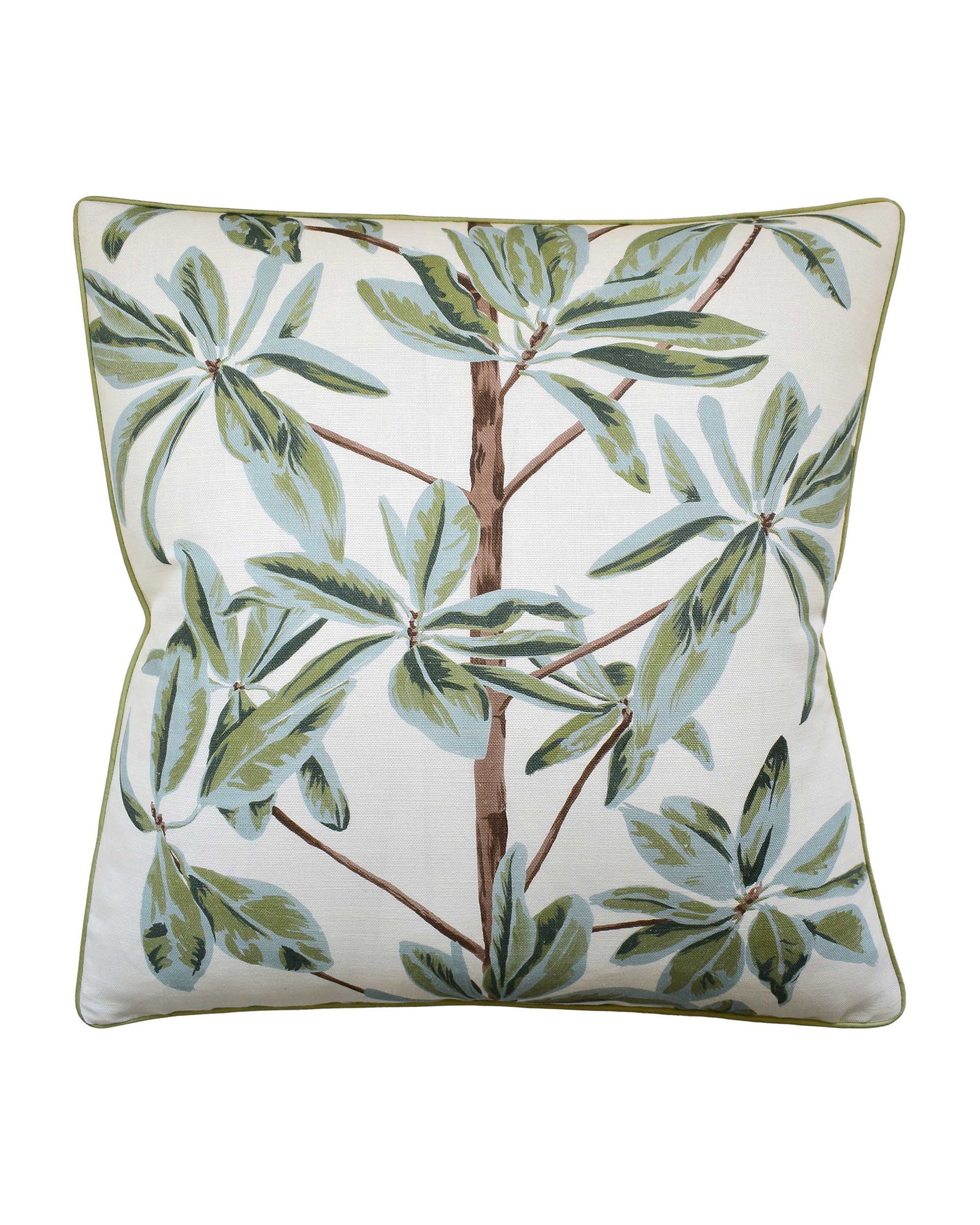 The Mangrove Tree Sage throw pillow by Ryan Studio features a white background with green leaf and brown branch botanical print, light green piping, and a hidden zipper, perfectly fitting a 22x22 insert.