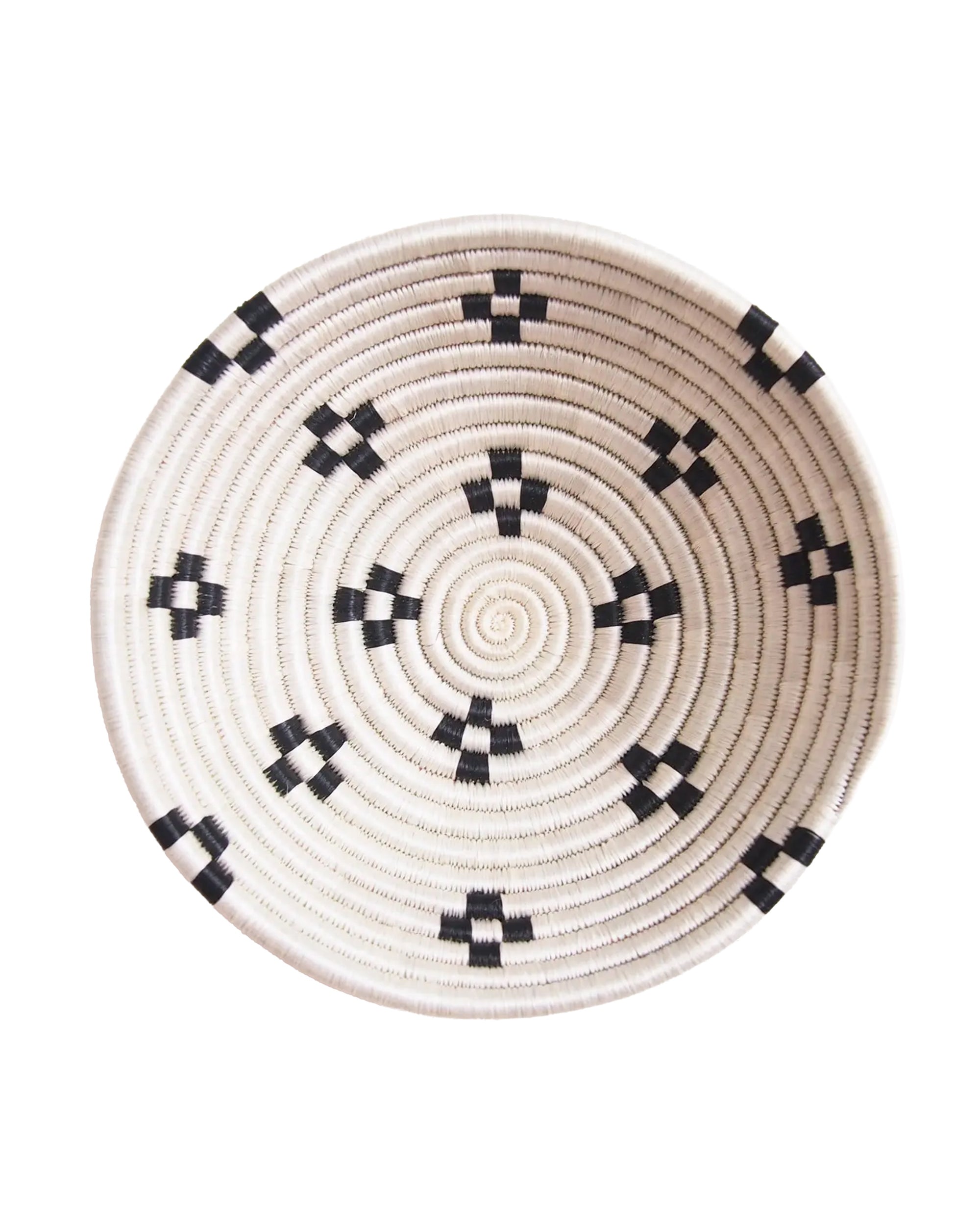 The Maraba Small Bowl by Amsha - Faire is a round sisal woven basket with a white background, spiral pattern, and black geometric designs—perfect as unique Rwanda basket wall art.