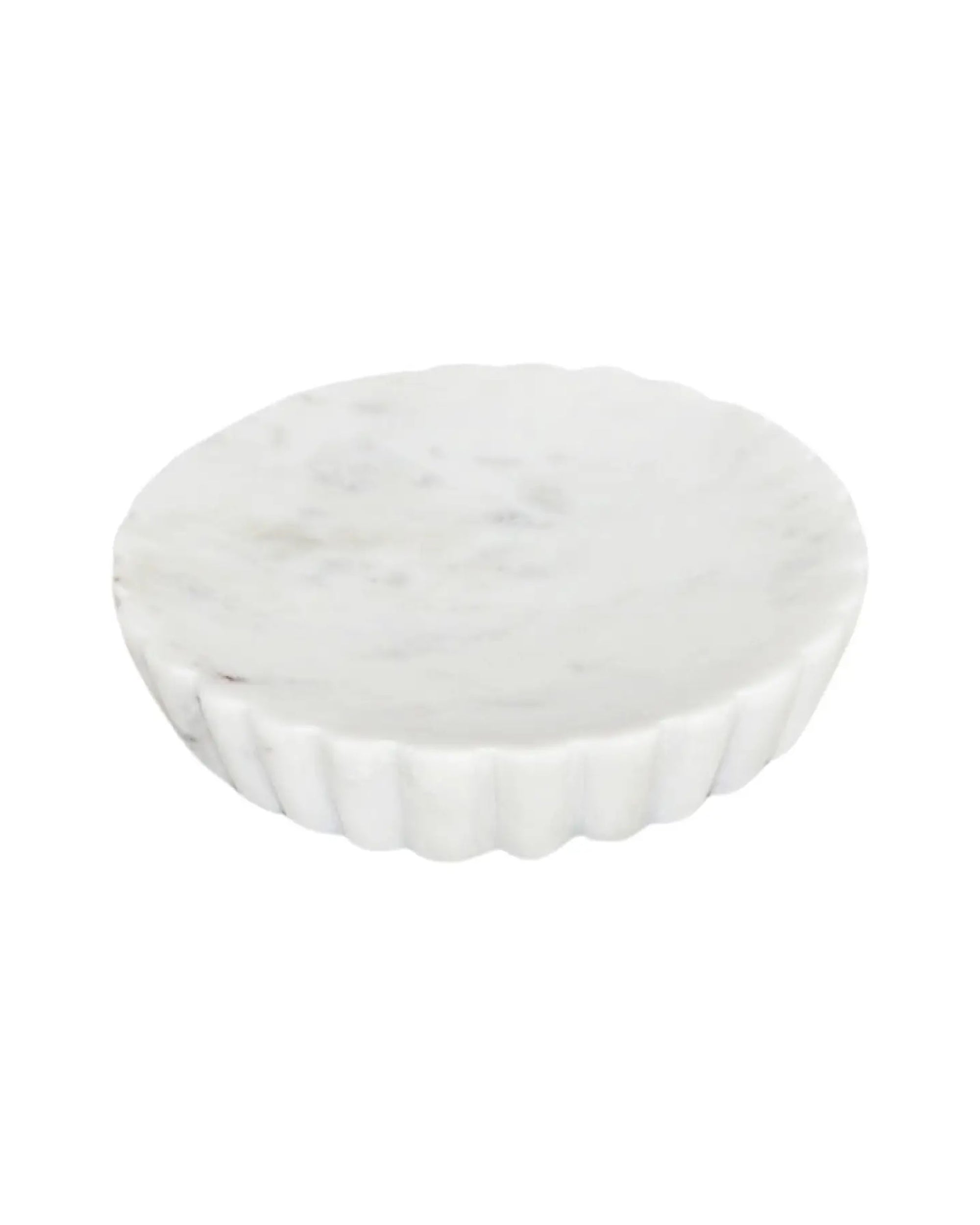 The BIDK Home White Marble Soap Dish features a round shape, scalloped edge, and smooth surface—an elegant marble bathroom accessory displayed on a plain white background.