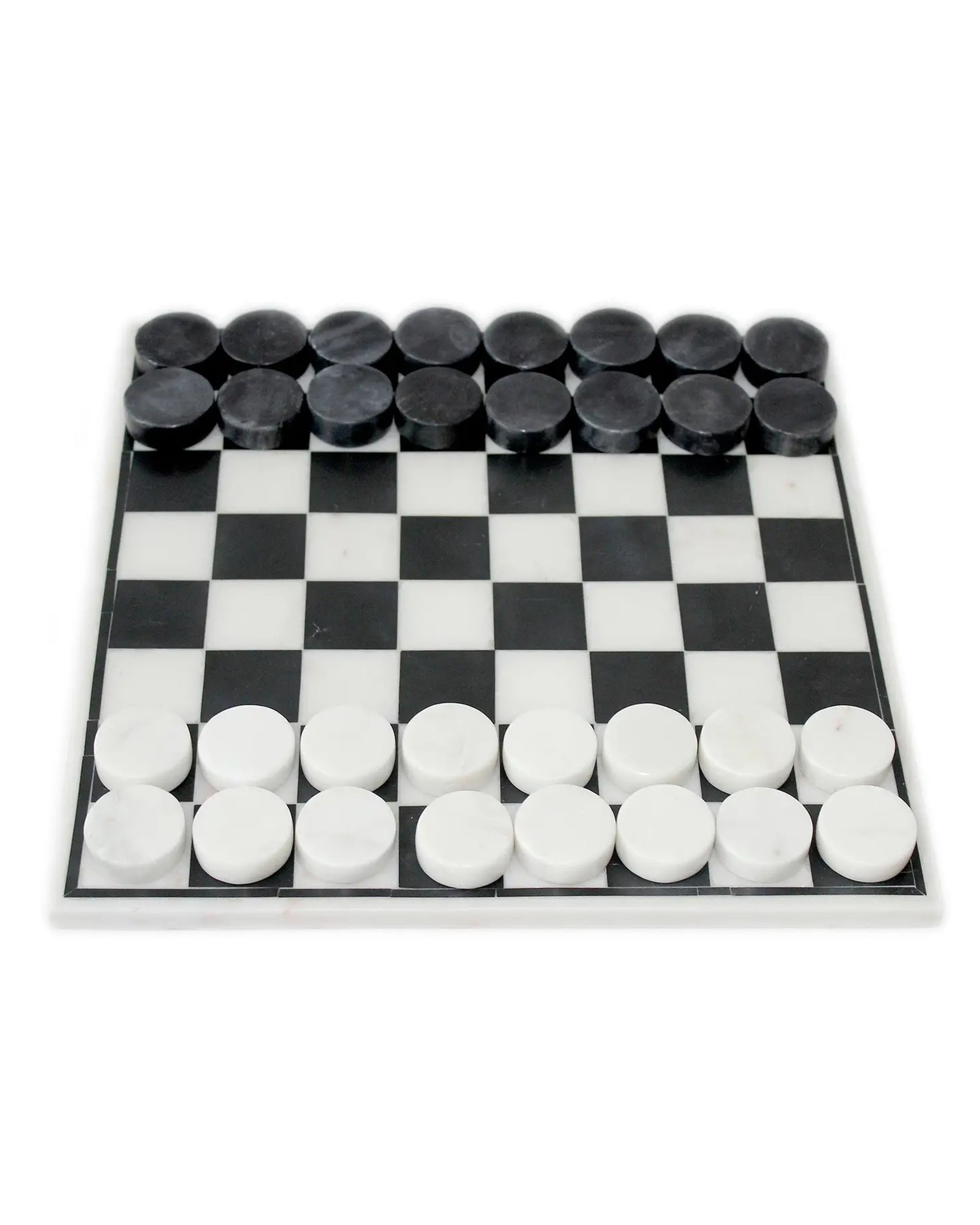 The BIDK Home Black White Marble Checkers set features black and white pieces arranged for the start of a game, each color on three rows per side—an elegant decorative set crafted from inlaid marble.