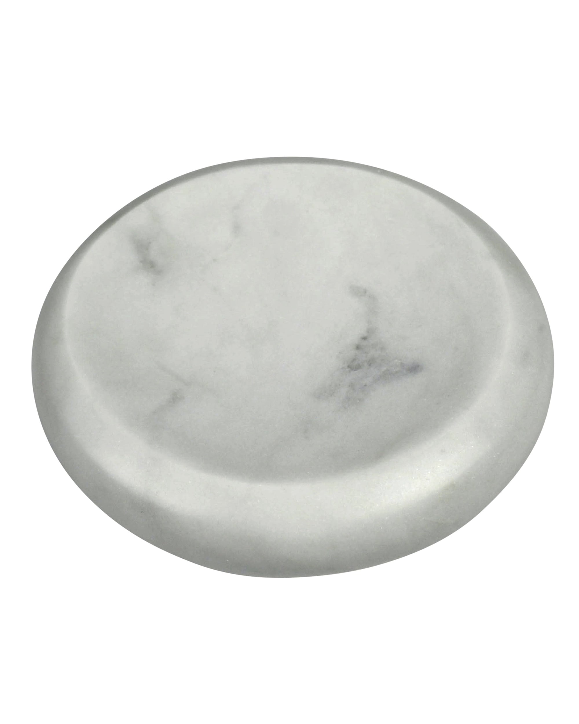 The HomArt Marble Soap Dish is a modern, round, flat white soap dish with subtle gray veining, shown on a white background.