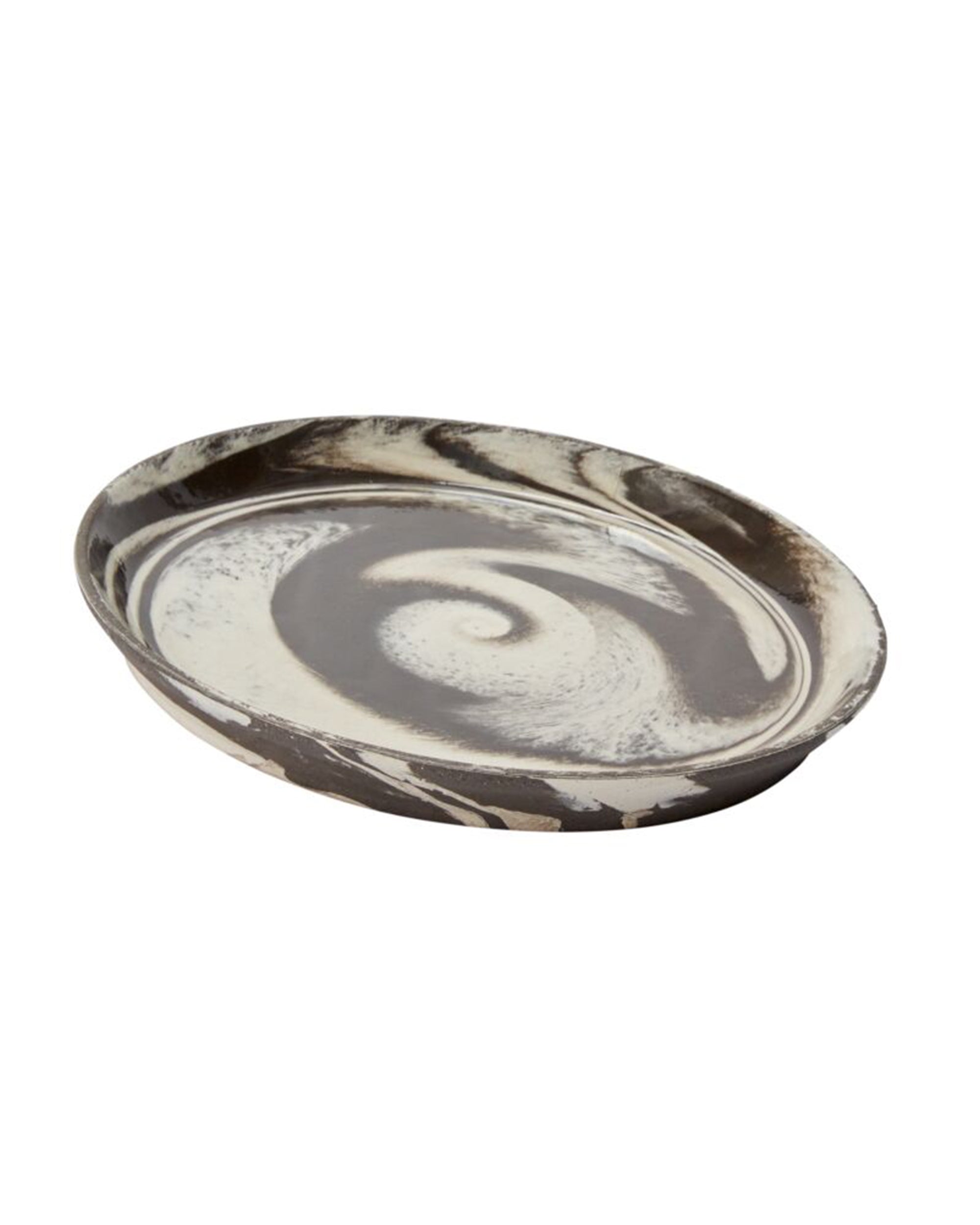 The Accent Decor 54055 Marbled Charger is a round, shallow ceramic tray with swirling brown, black, and white patterns—ideal as a decorative serving tray or handcrafted stoneware charger for your table.