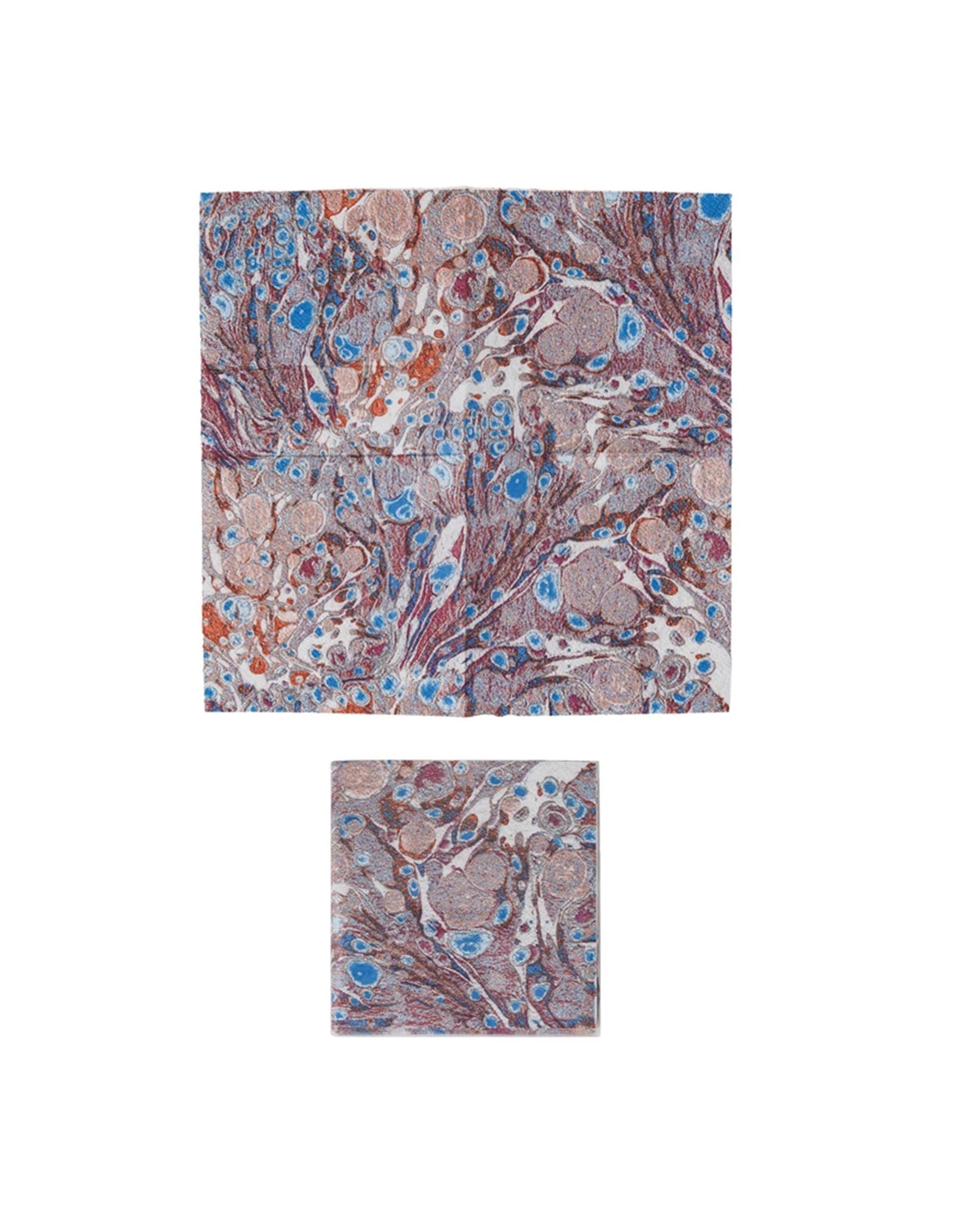 Two rectangular tissue sample images, stained brown, blue, and red, appear on a white background resembling Creative Co-op’s DF9162 Paper Cocktail Napkins Marbled. The larger image sits above the smaller, both showing detailed cellular structures.