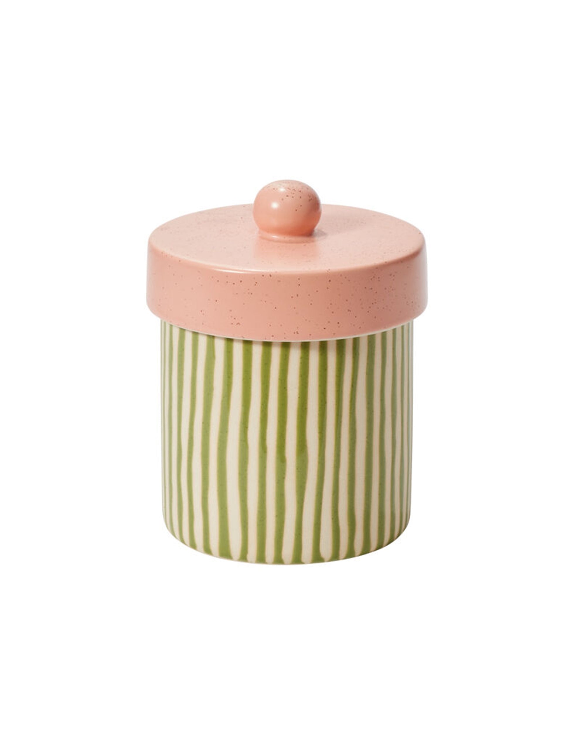 The 50460 Margot Canister by Accent Decor features a ceramic cylindrical base with vertical green stripes on white and a pink speckled lid with knob, making it a charming, food-safe decorative kitchen container.