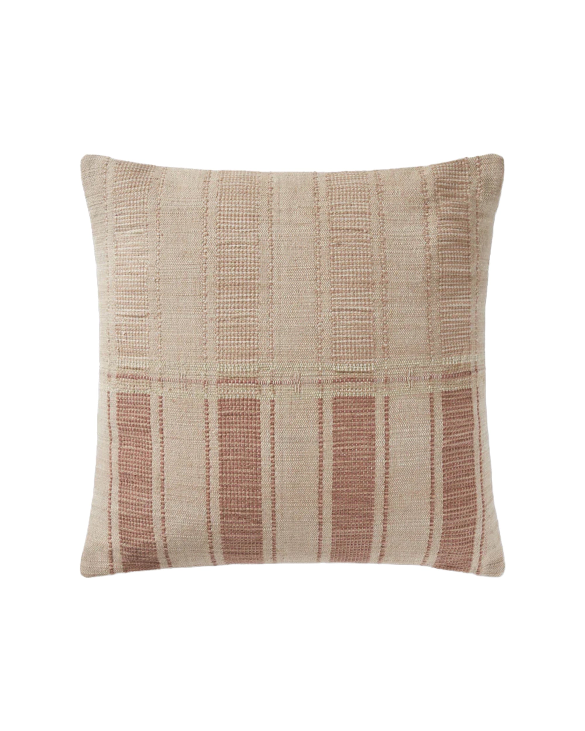 The Marin Natural 22x22 throw pillow by Loloi Rugs is handwoven from cotton, with a beige base and subtle plaid in light brown and muted rust. It features a hidden flap zipper for a clean, finished look.