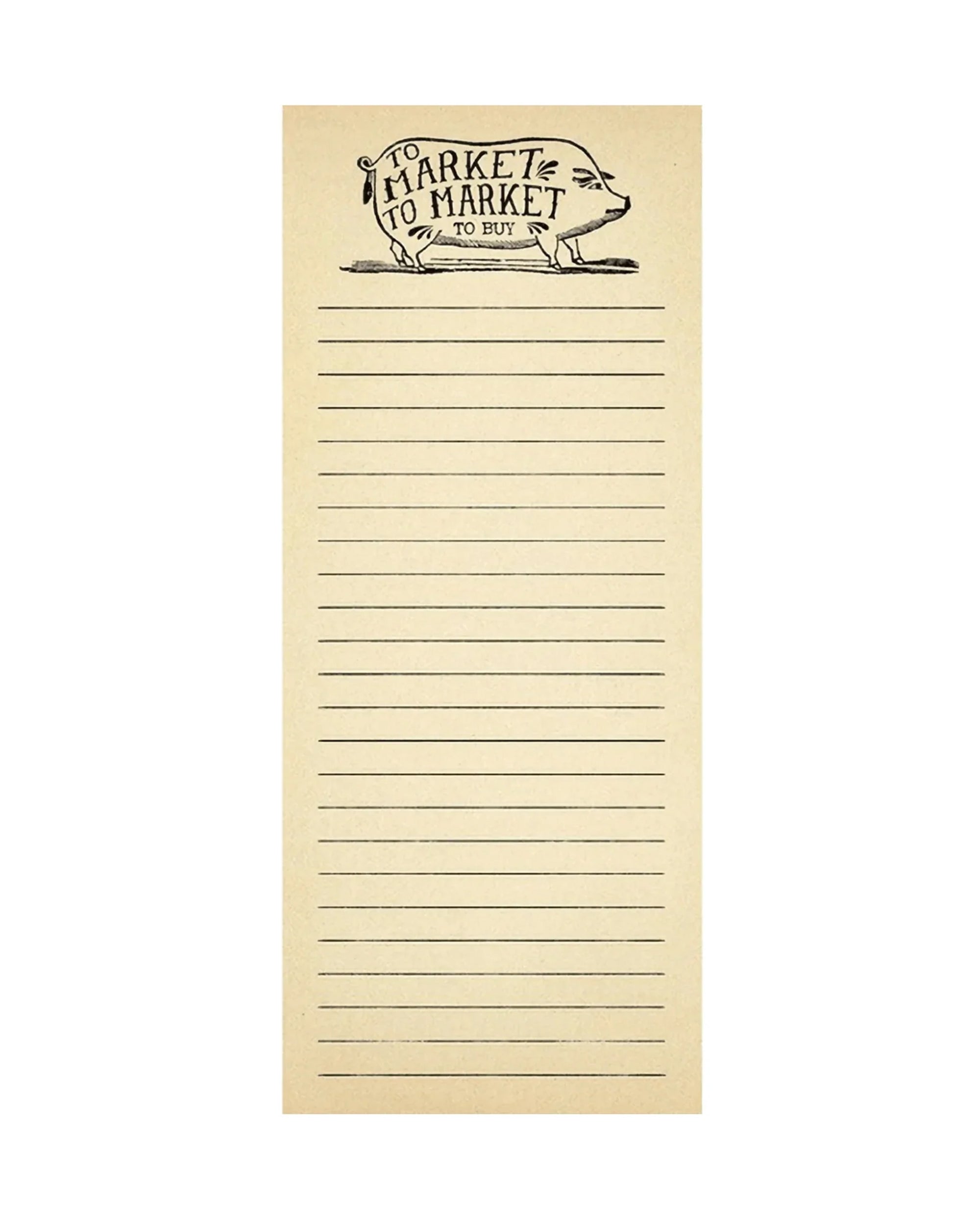 The To Market Notepad by Sugarboo Designs is a skinny pad with lined pages, a charming pig illustration at the top, and “To Market To Market To Buy” printed above, providing plenty of space for your grocery lists and notes.