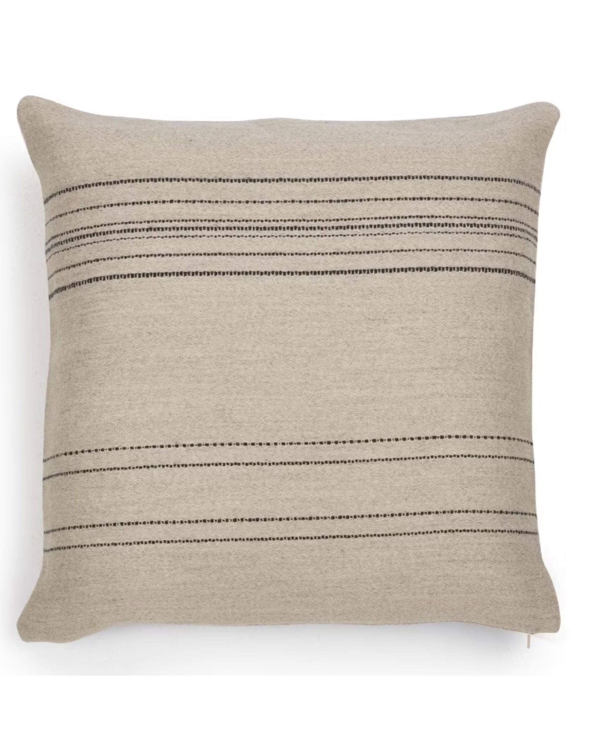The Libeco Home Marrakesh Pillow features a square beige design with thin black horizontal stripes, inspired by minimalist Moroccan style. Insert included. Photographed on a white background.