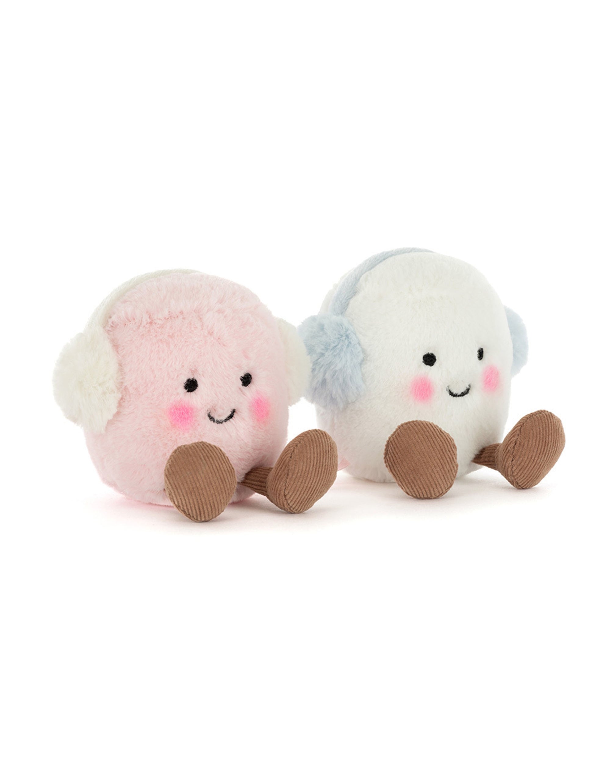 The Amuseables Toastie Pink and White Marshmallows by Jelly Cat Inc. are two round, fluffy plush toys—one pink, one white—with smiling faces, corduroy feet, and ear muffs—a cozy duo perfect as a charming winter gift.