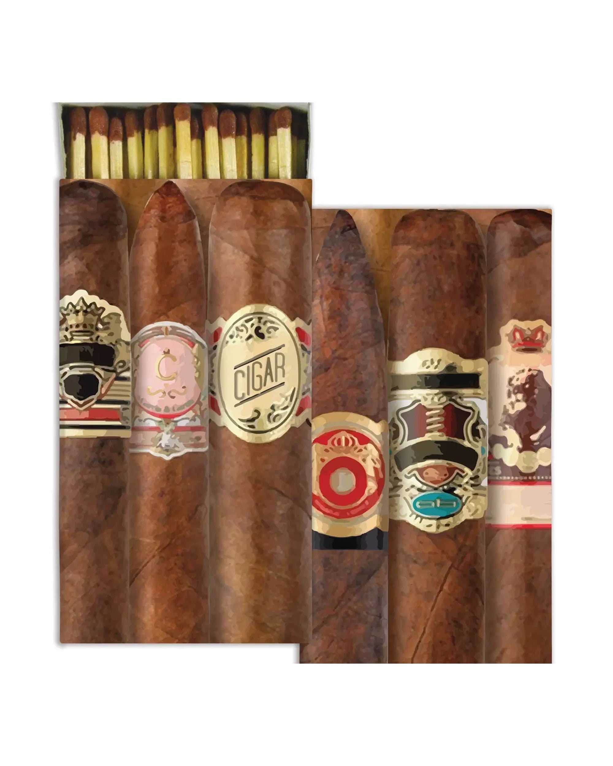 Six decorative cigars are lined up with an open HomArt Matches / Cigar Box behind them, all set against a plain white background—perfect as a unique hostess gift.