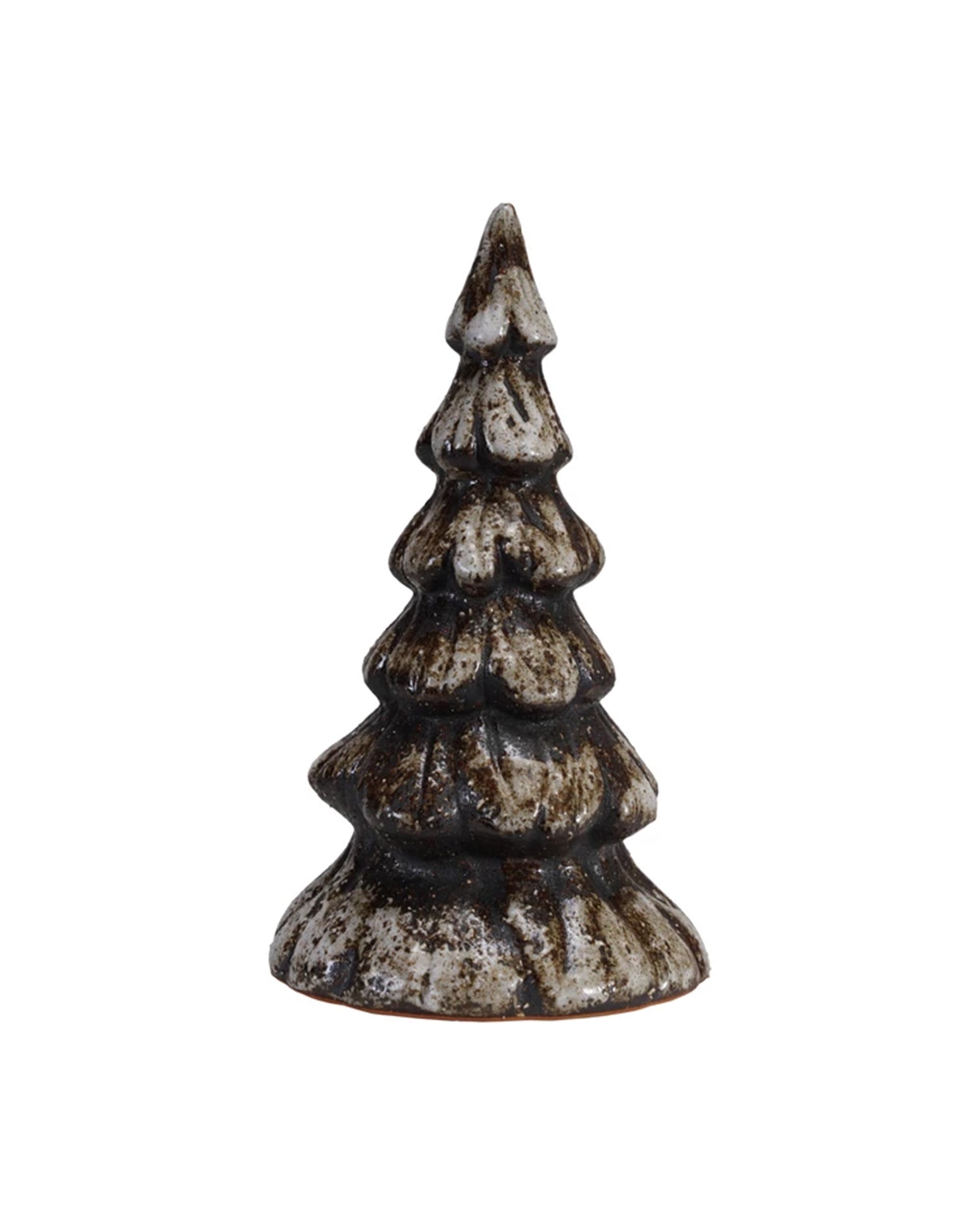 The Creative Co-op Stoneware Tree Brown Large features a textured, layered design and matte brown finish with white speckles, resembling snow. This decorative figurine is pictured against a plain white background.