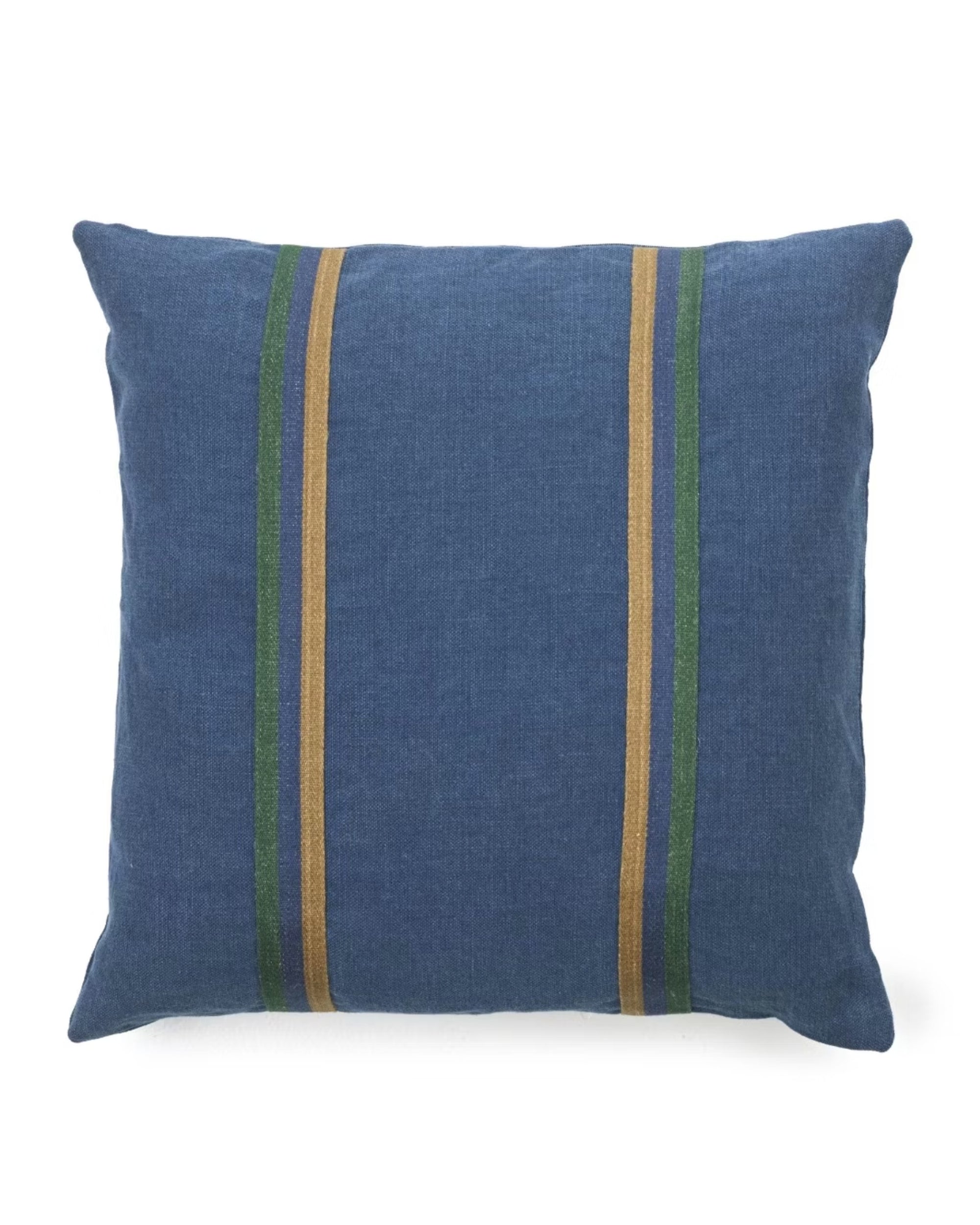 The Libeco Home Max Pillow is a modern 25x25 square blue lumbar pillow with two vertical green and tan stripes near the center, and comes with a pillow insert included.