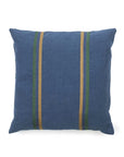 The Libeco Home Max Pillow is a modern 25x25 square blue lumbar pillow with two vertical green and tan stripes near the center, and comes with a pillow insert included.