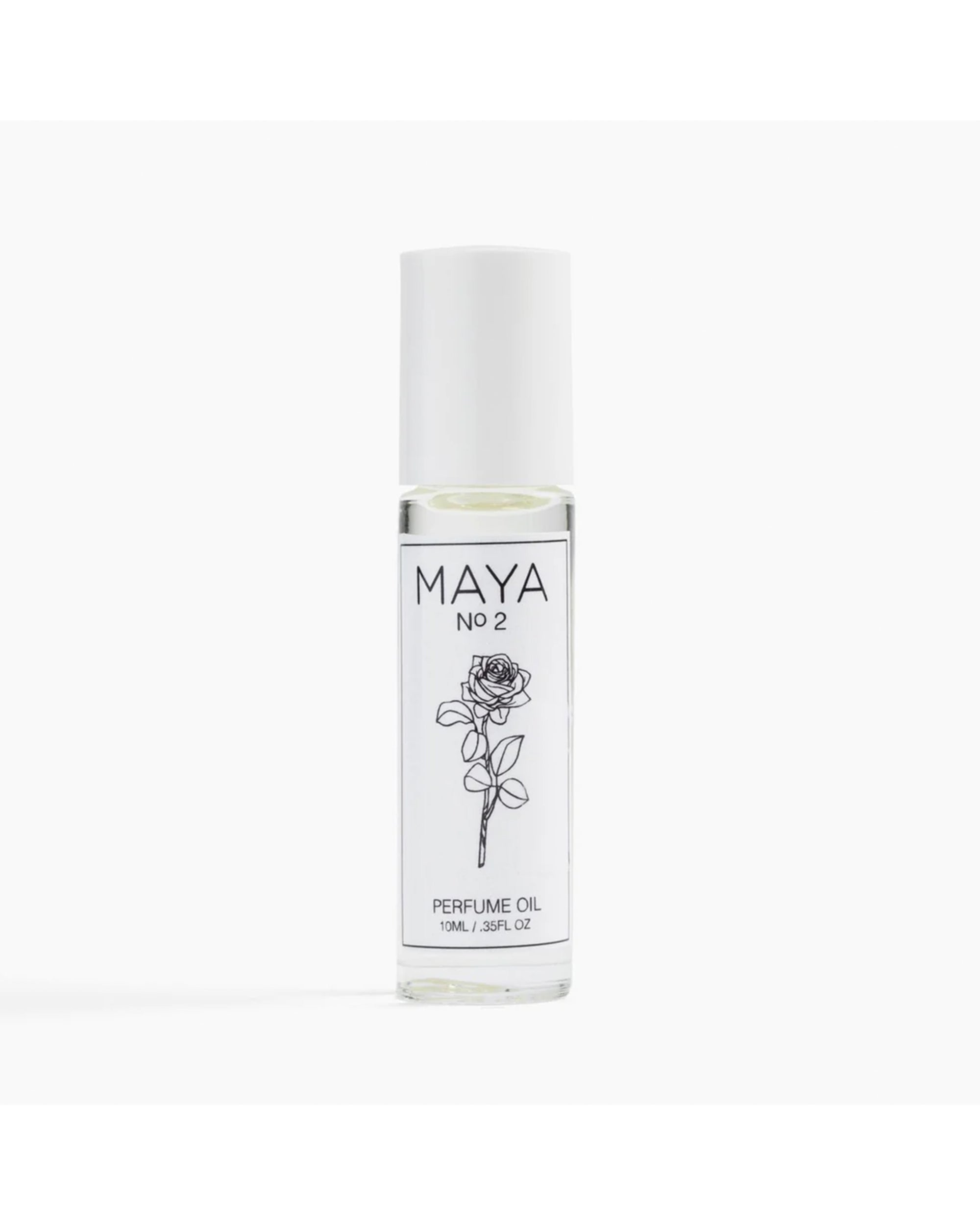 A 10ml clear glass bottle of MAYA NO.2 by Maya Fragrances, topped with a white cap and featuring a simple black rose line art on the label, sits against a plain white background.