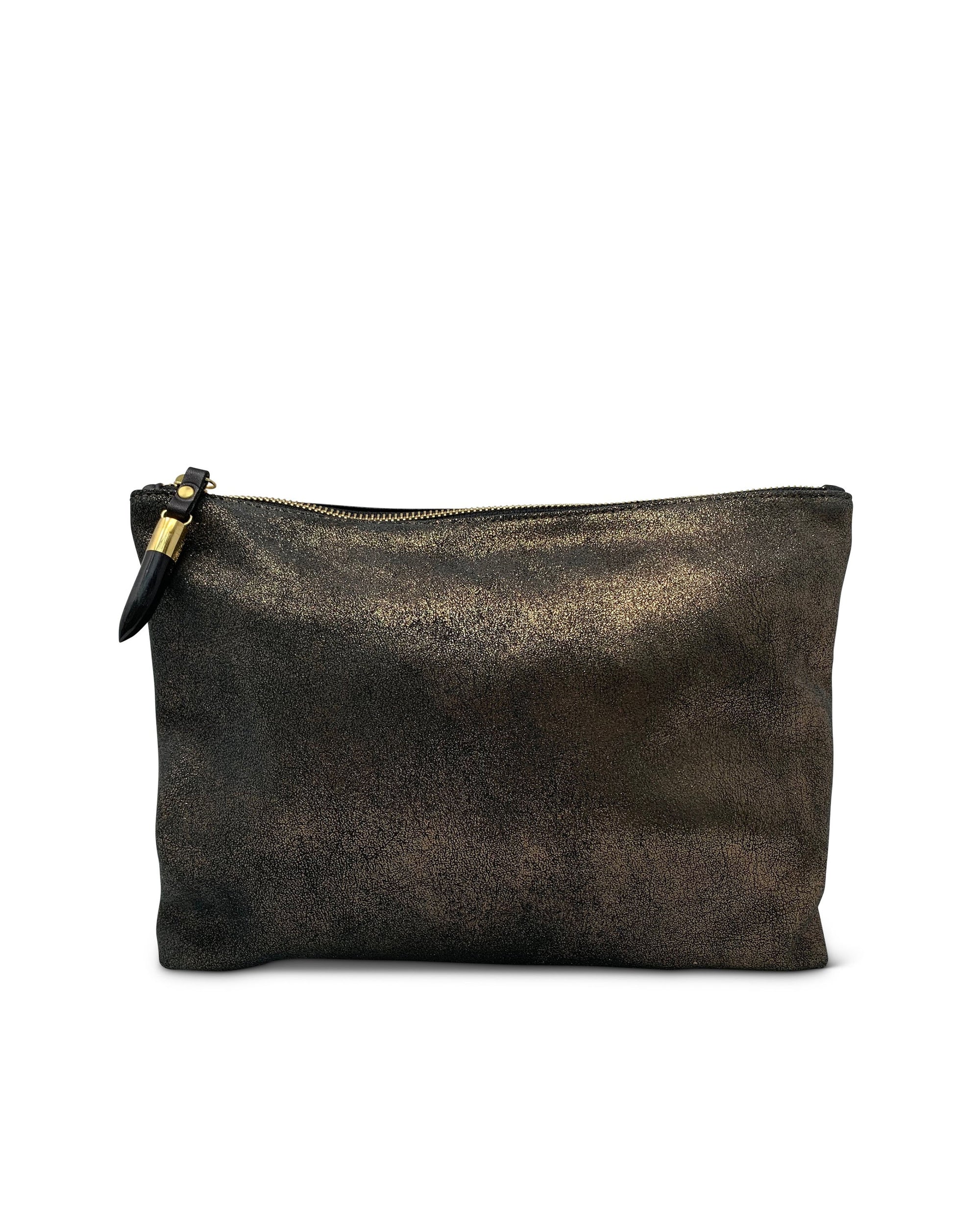 The Kempton & Co. Medium Pouch features dark brown textured lambskin leather with a gold-accented zipper and black leather pull tab, offering a blend of elegance and everyday practicality against a white background.