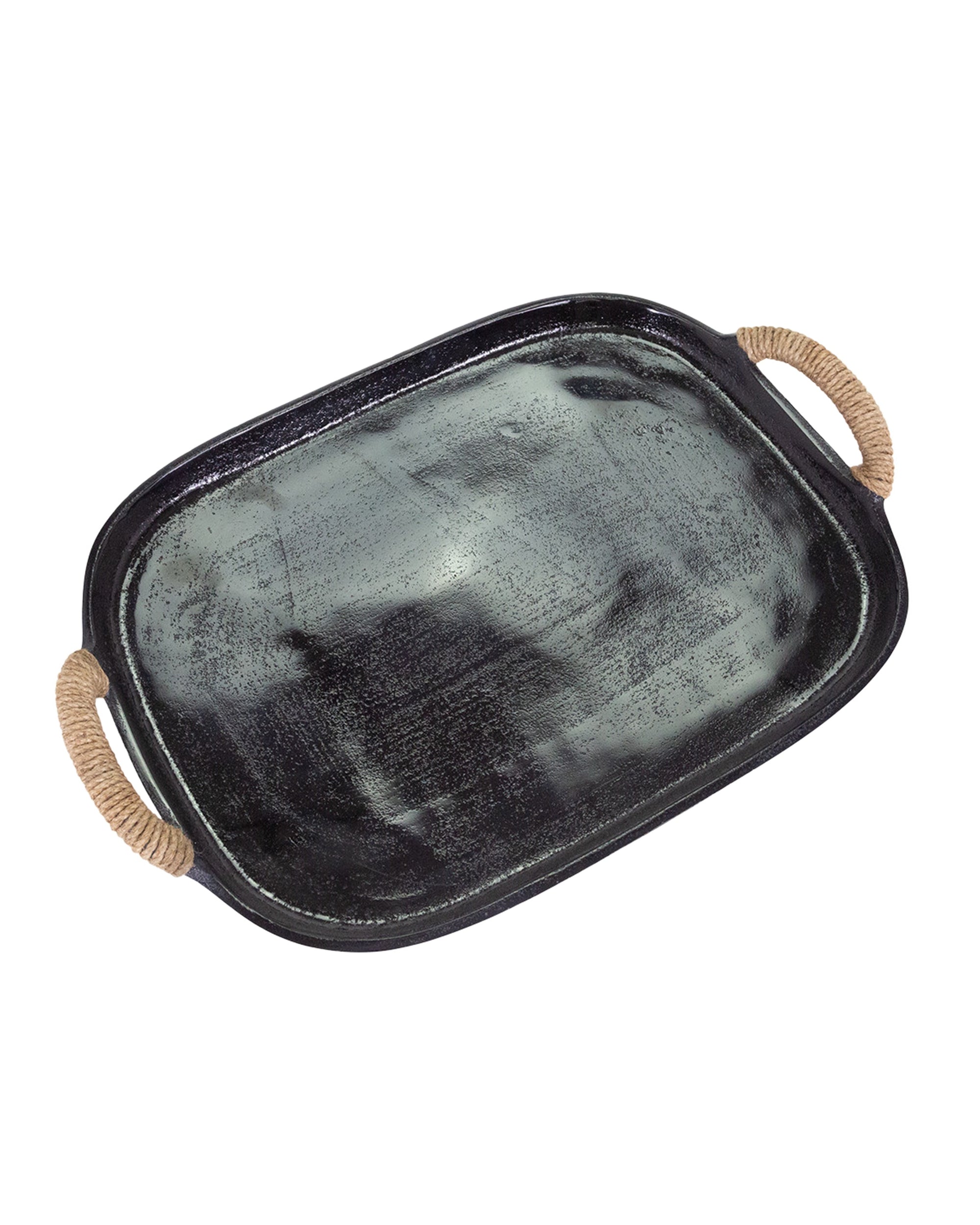 The Import Collection's Chi Chi Tray Medium is a rectangular black tray with a glossy finish, rounded edges, and sturdy jute-wrapped handles on each side, shown isolated on a white background.