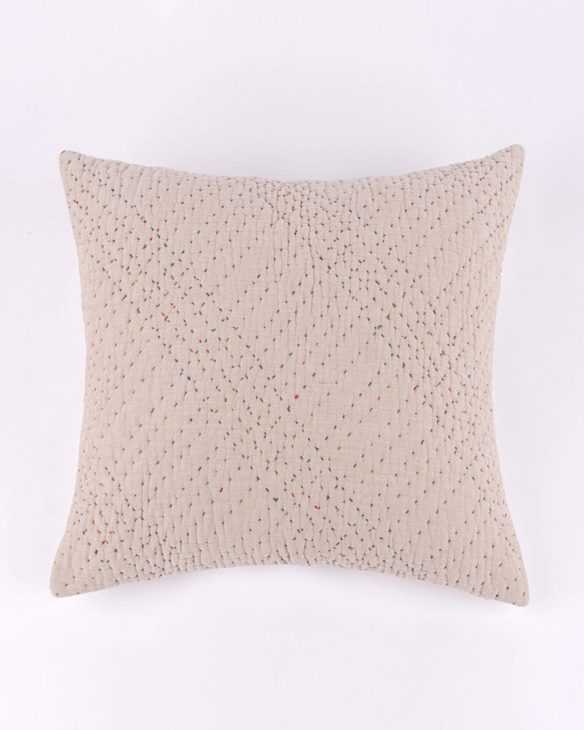 The Mendel Sham Euro by Amity Home is a square beige pillow with subtle diagonal quilted stitching and small multicolored dots, measuring 26x26". Insert sold separately. Shown on a plain white background.