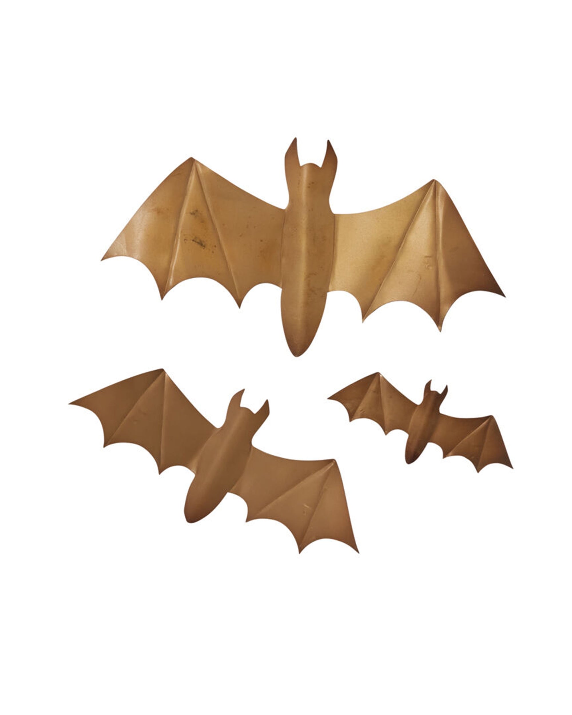 Accent Decor’s Bat Wall Art features three gold bat-shaped accents with outstretched wings, displayed on a white background—ideal as striking Halloween décor or for creating a dramatic winged bat garland effect.