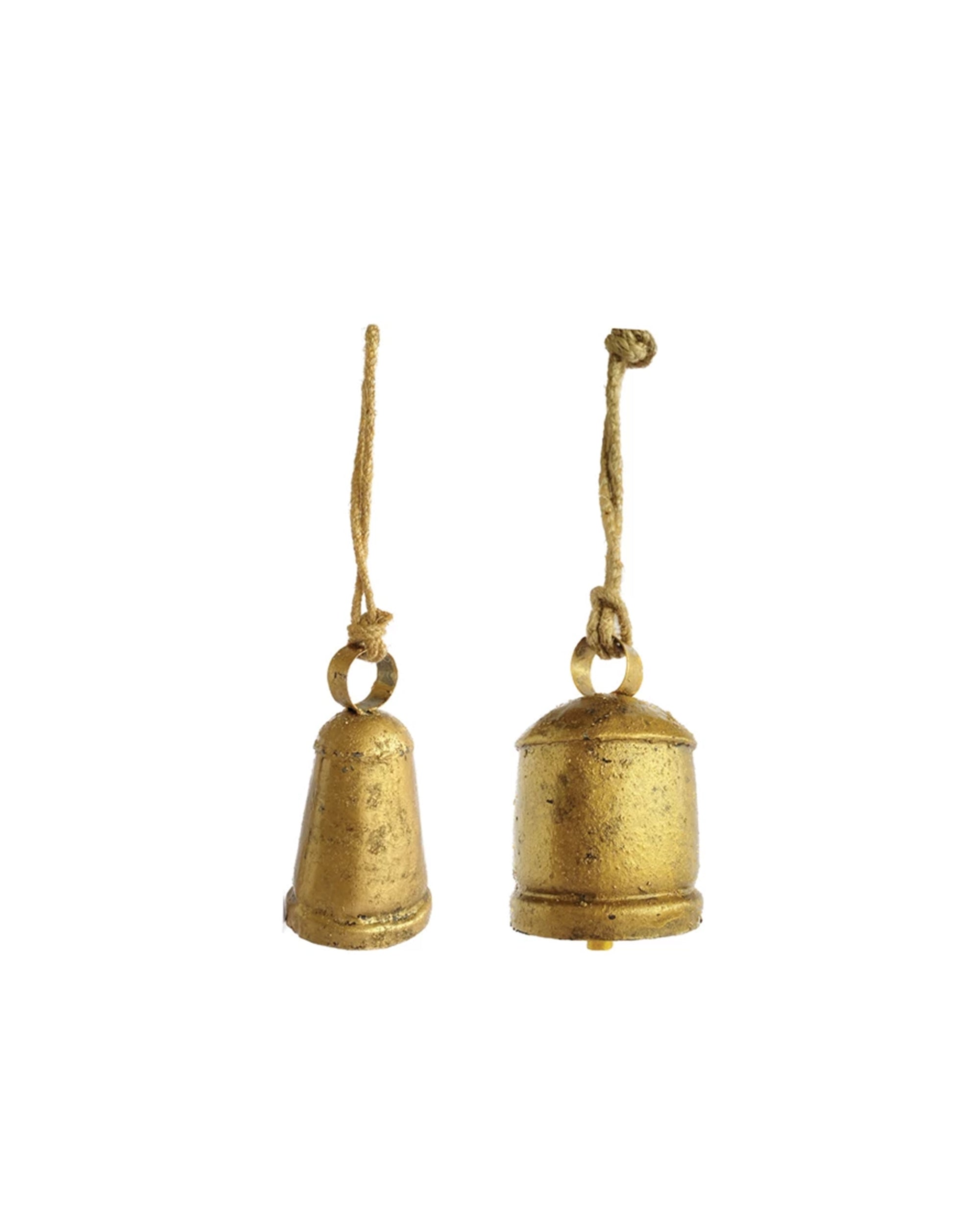 Set of two Creative Co-op XS5122A metal bell ornaments with an antique brass finish, each featuring a rustic look and unique shape. Small gold-colored bells hang from knotted jute, shown against a white background.