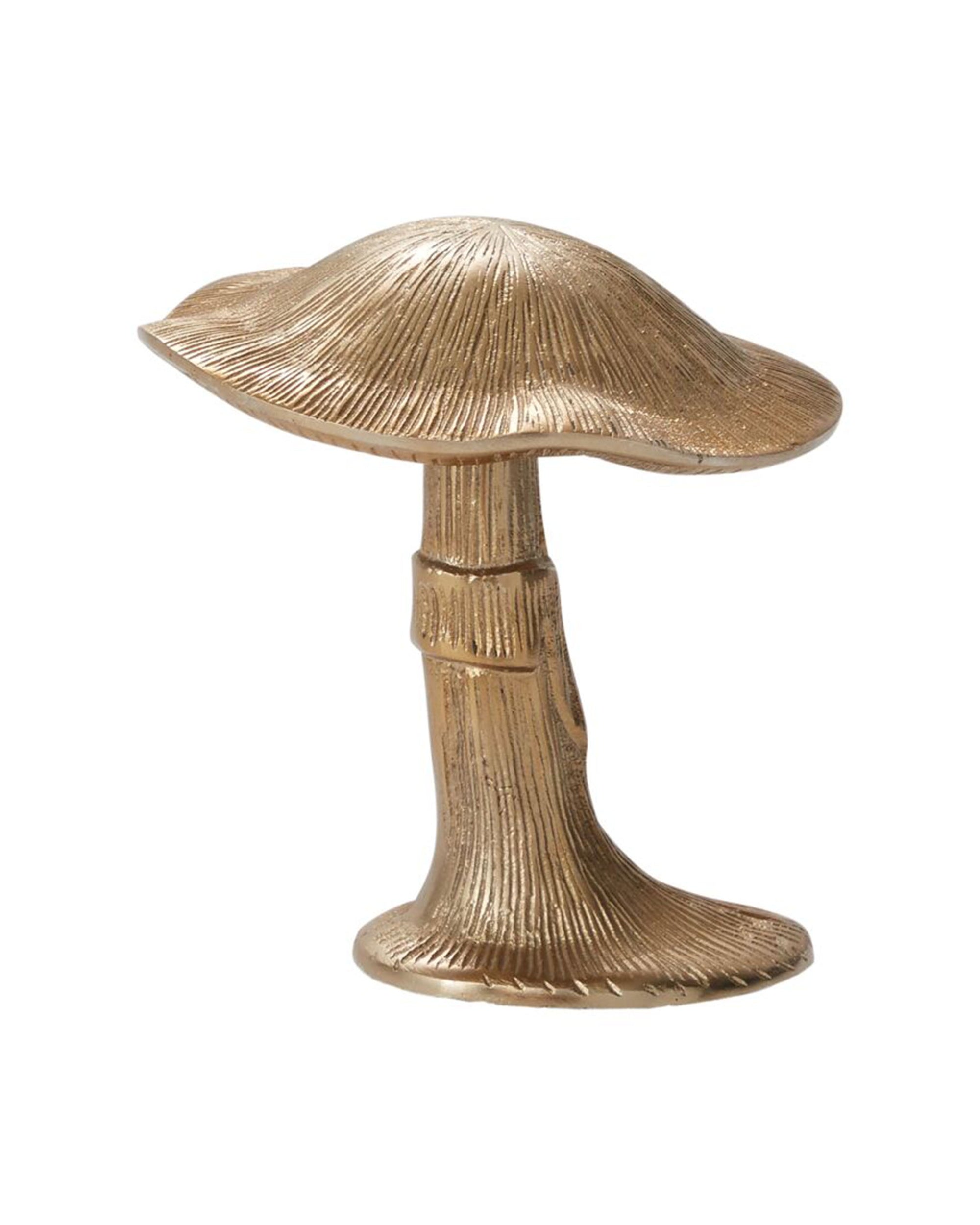 The Lichen Figurine by Accent Decor is a small gold metal mushroom with textured cap and stem, ideal for bringing a whimsical accent to your harvest tablescape. Shown here against a white background.