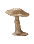 The Lichen Figurine by Accent Decor is a small gold metal mushroom with textured cap and stem, ideal for bringing a whimsical accent to your harvest tablescape. Shown here against a white background.
