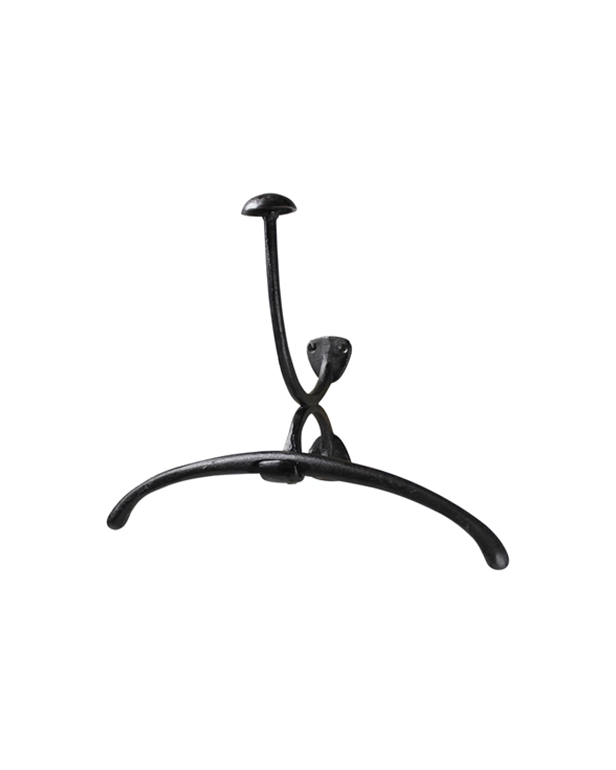 The HomArt Wall Mounted Valet is a black metal hook with two prongs and a curved base, ideal for hanging coats or hats and organizing entryway essentials.