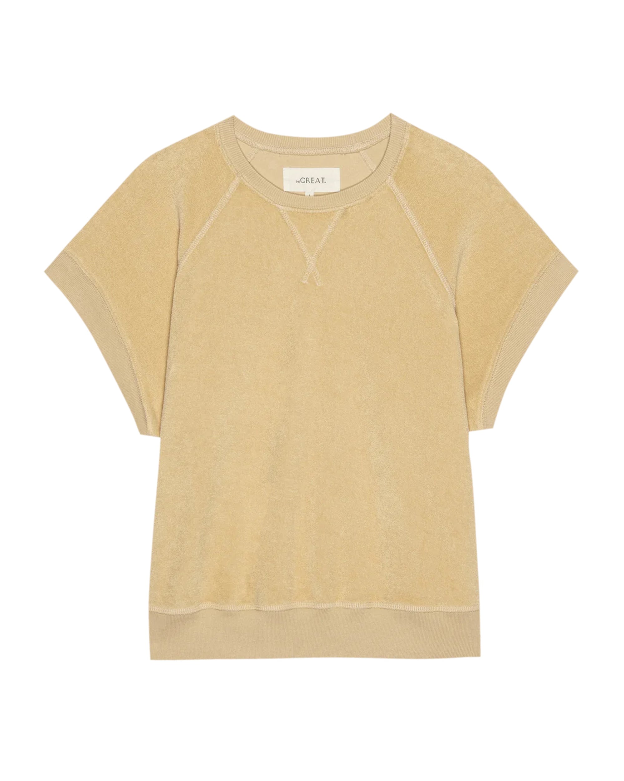 The Great Inc.'s The Micro Terry Wedge SS is a beige terry cloth short-sleeve sweatshirt with ribbed cuffs and hem, vintage-style visible seams, and an inner tag that reads "ONELAE.