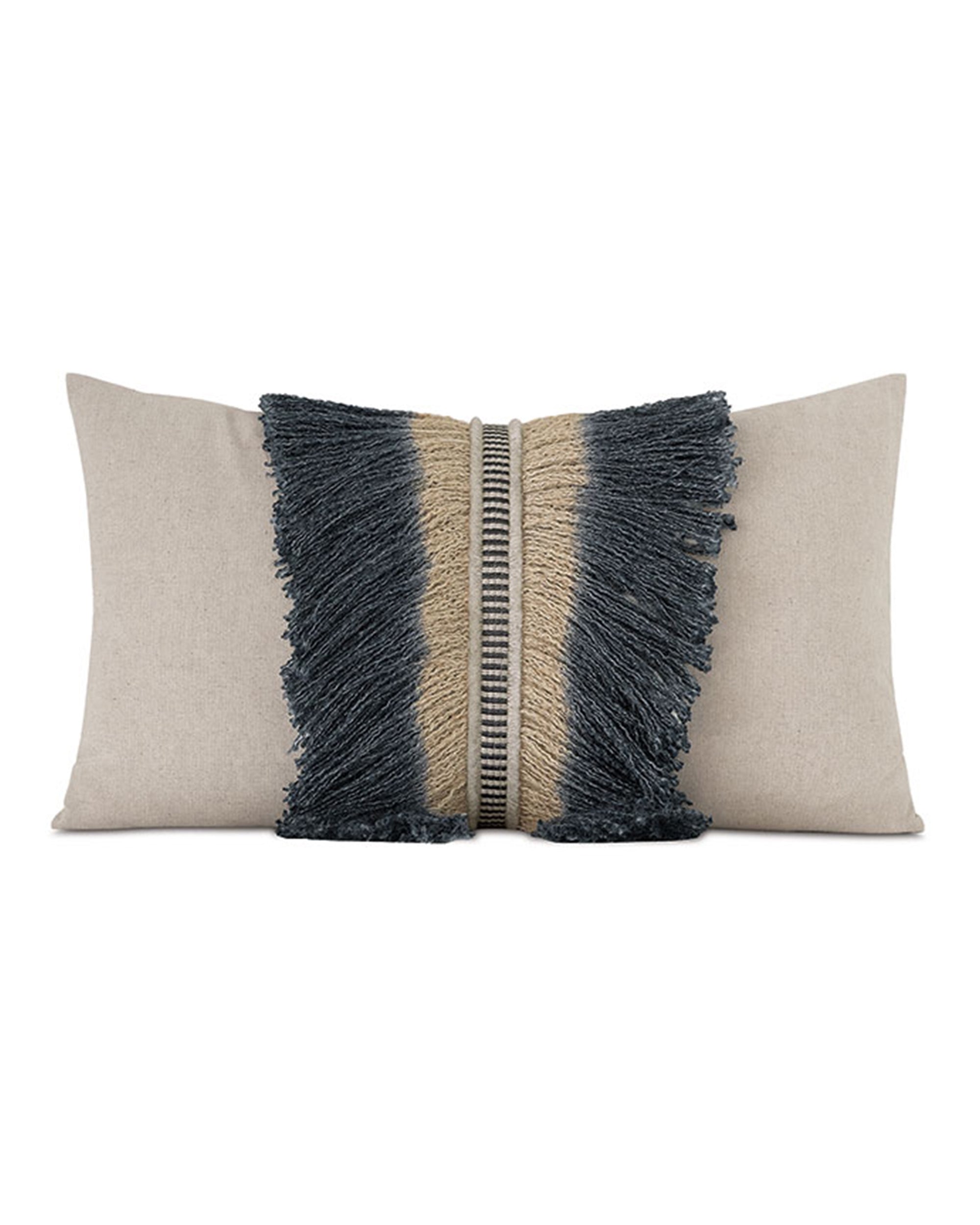 The Midori Boho by Eastern Accents is a rectangular beige decorative pillow featuring a central stripe with textured black and tan bullion fringe and a vertical row of metallic studs.