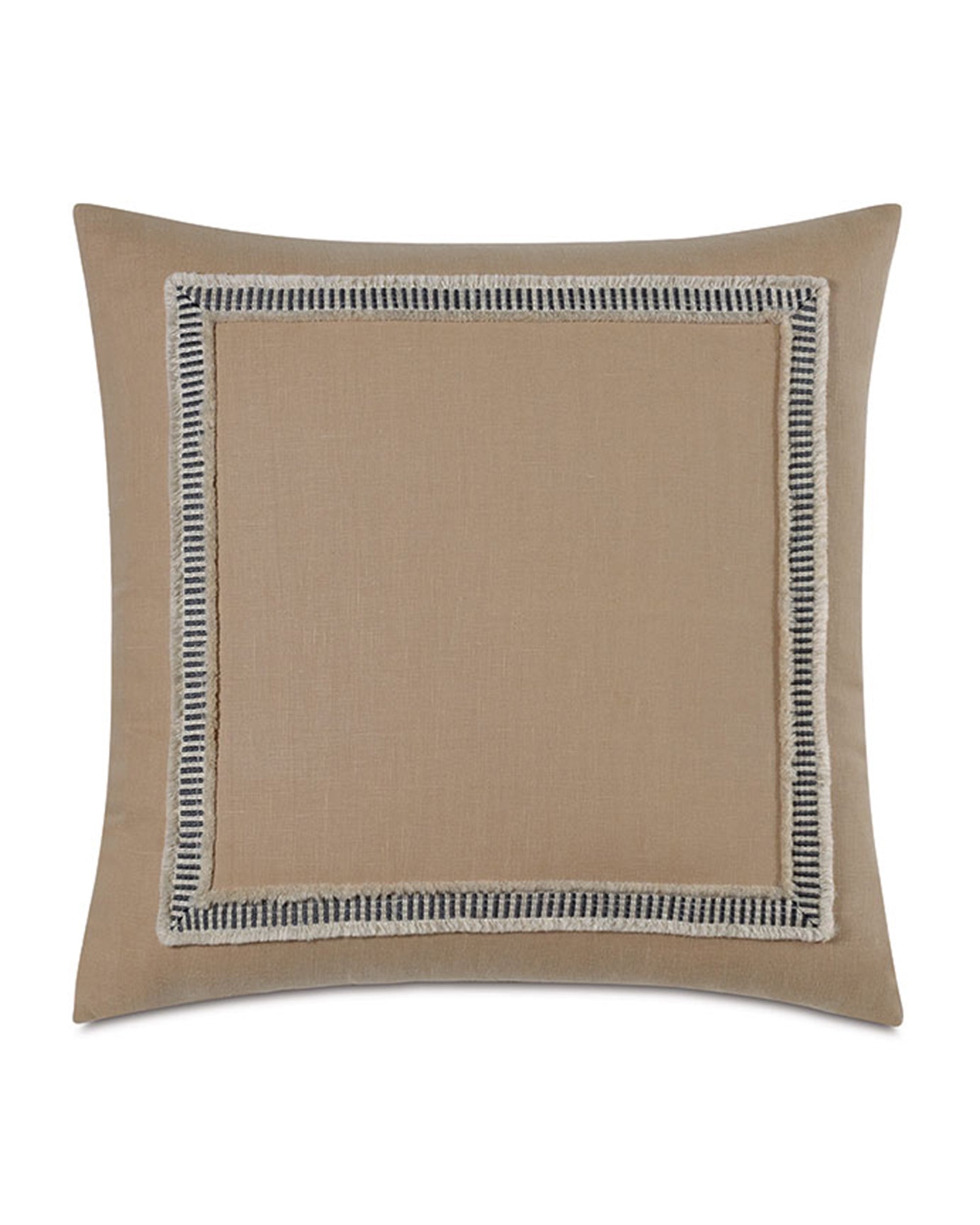 The Midori Linen pillow by Eastern Accents is a square beige accent featuring a black and white striped border with fringe, ideal as an accent piece or Euro sham.