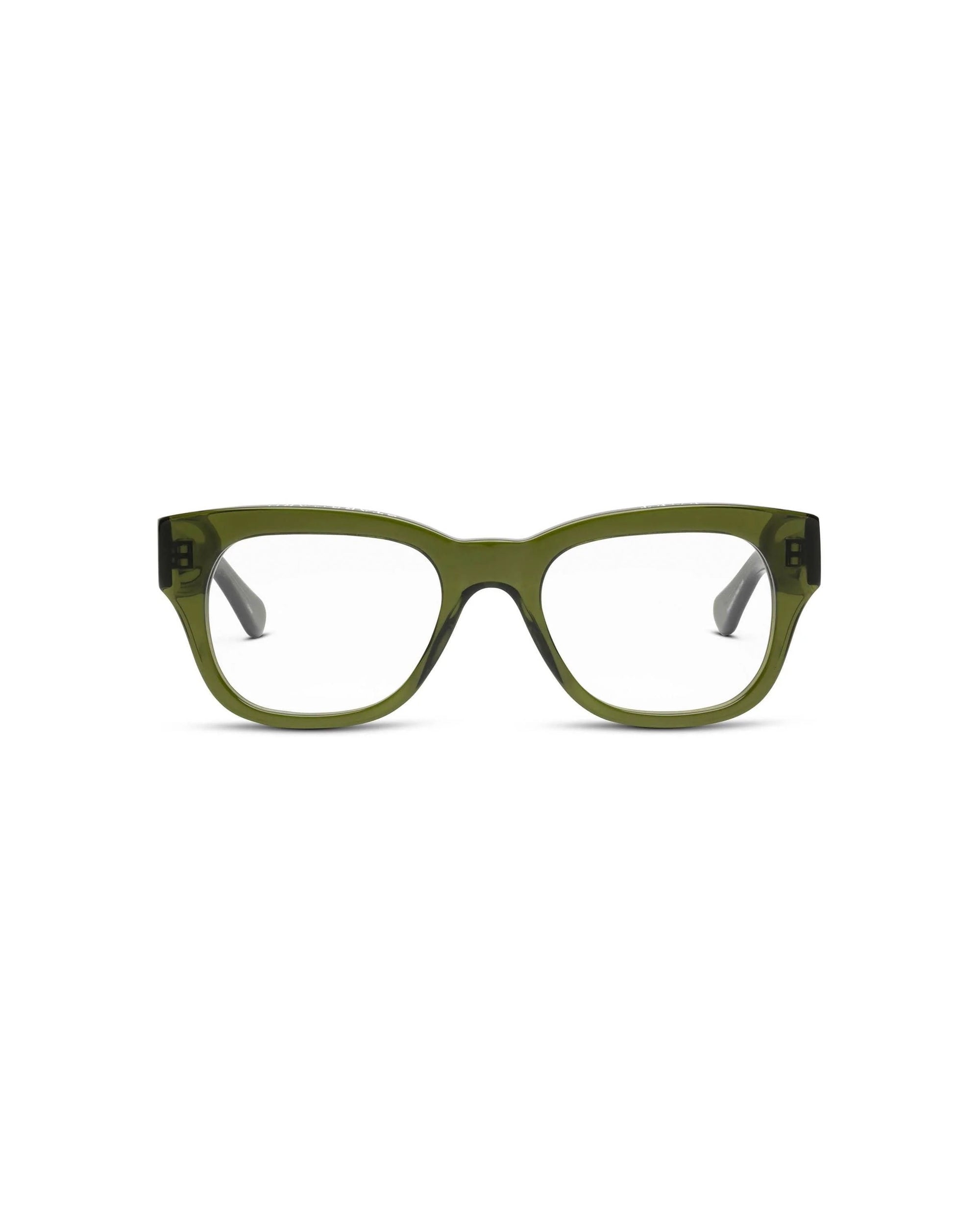 Front view of Caddis Miklos Heritage Green rectangular eyeglasses with a thick olive green frame and clear lenses, set against a plain white background.