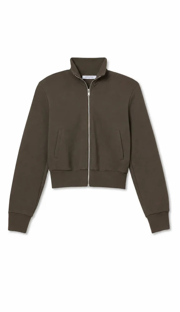 Dark brown track jacket with high collar and front pockets by Perfectwhitetee, Milana style.