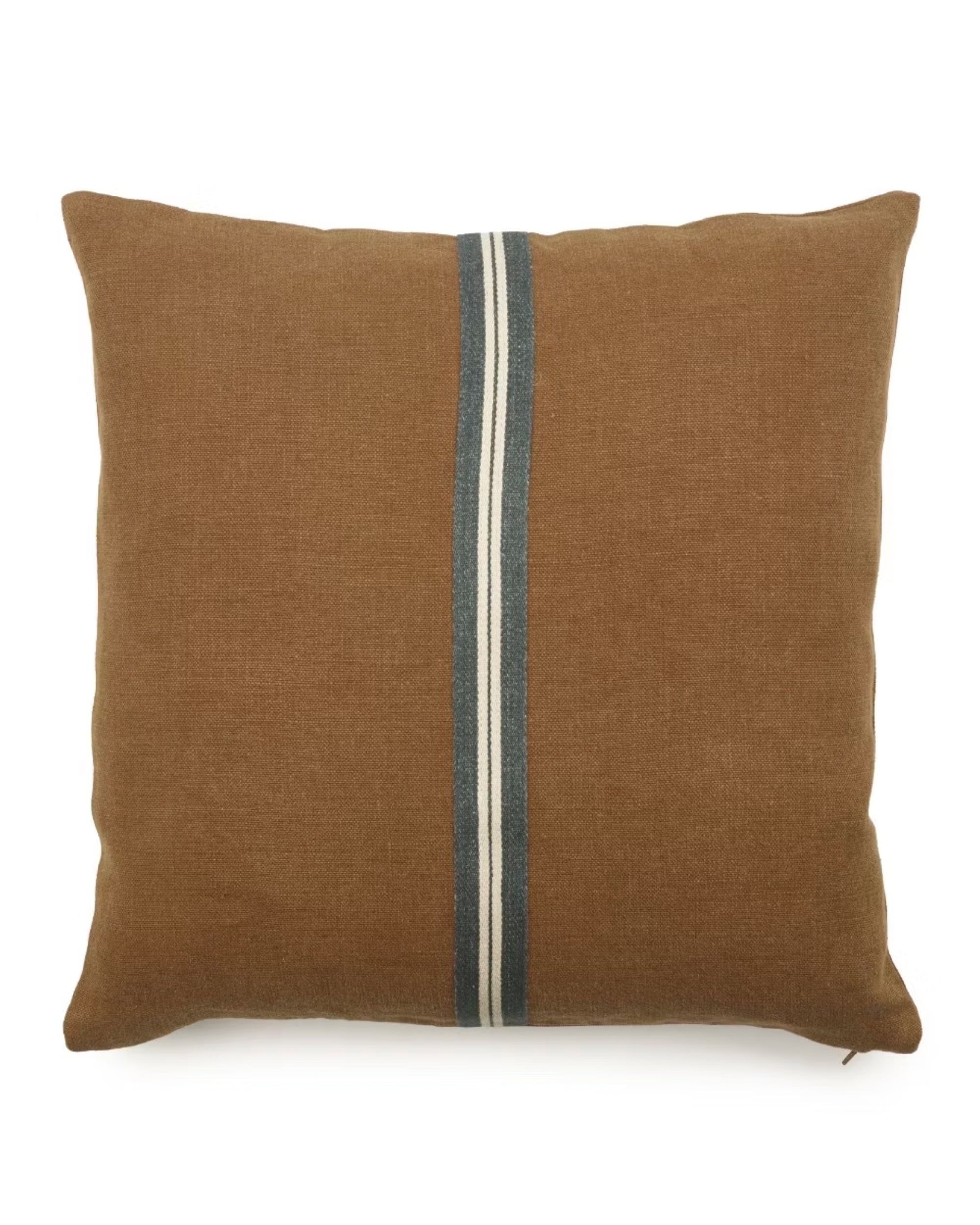 The Libeco Home Miles Pillow features an oak brown rectangular design with a vertical blue and white center stripe, shown on a plain white background.