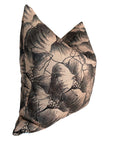 The Rennah Collective Milo Pillow 22x22 features a beige background with black floral line art on a plush polyester-linen blend, showcasing large, overlapping petals for a modern touch to any space.