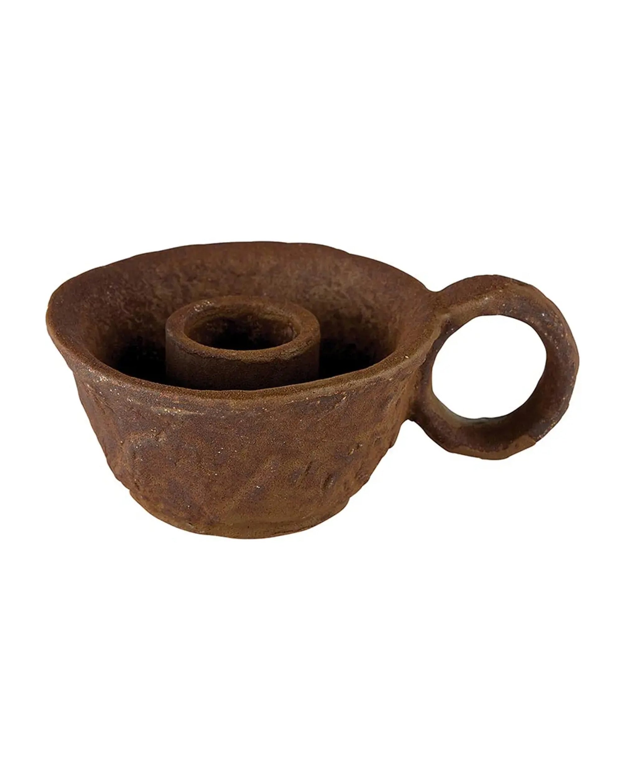 The Faire Mini Brown Candle Holder is a rustic ceramic piece with a round handle and central holder for tealights, perfect for cozy ambiance. Shown against a white background.